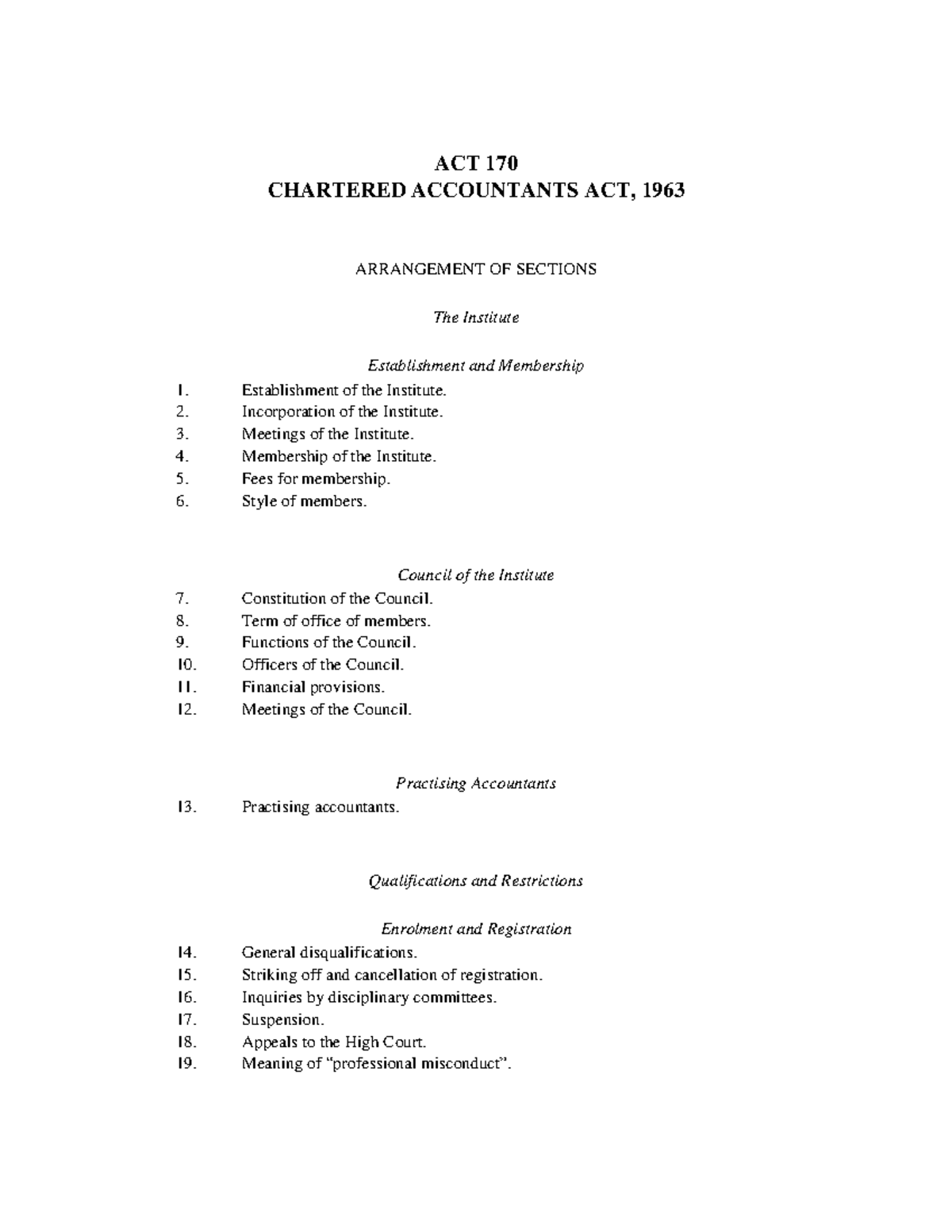Chartered Accountants ACT, 1963 ACT 170 CHARTERED ACCOUNTANTS ACT