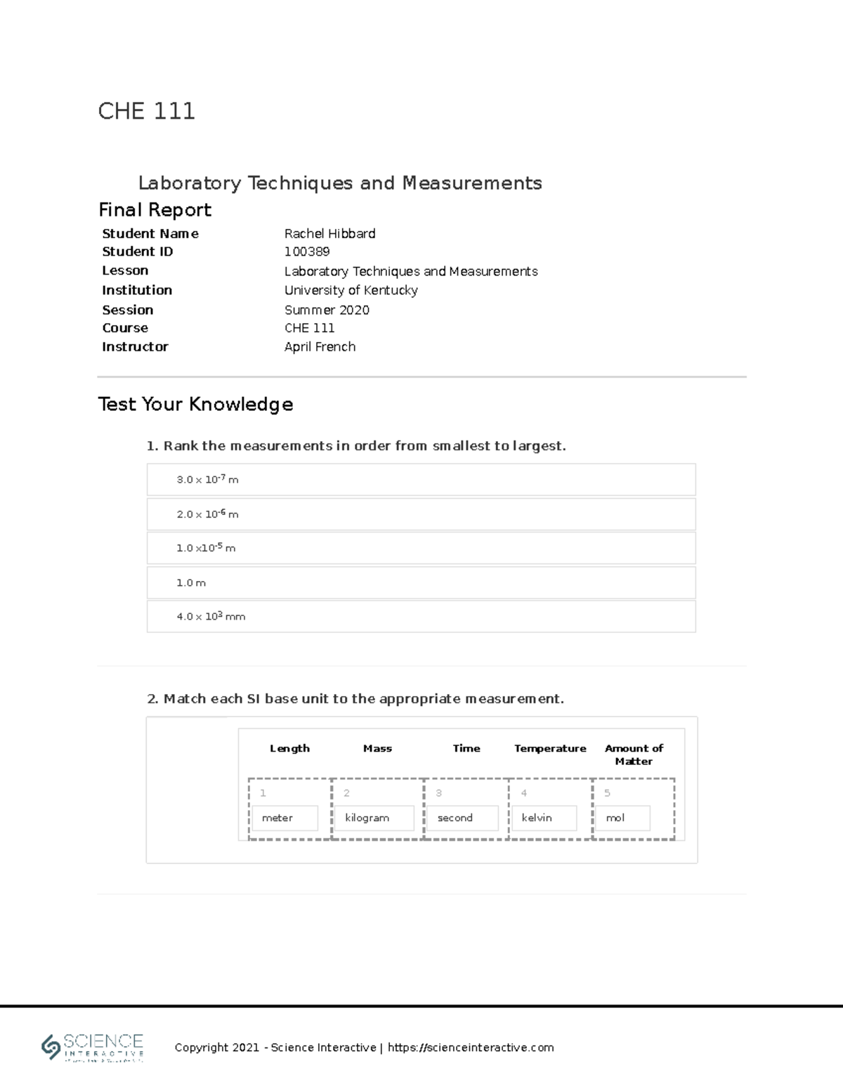 CHE111 Laboratory Techniquesand Measurements 100389 - Student ...