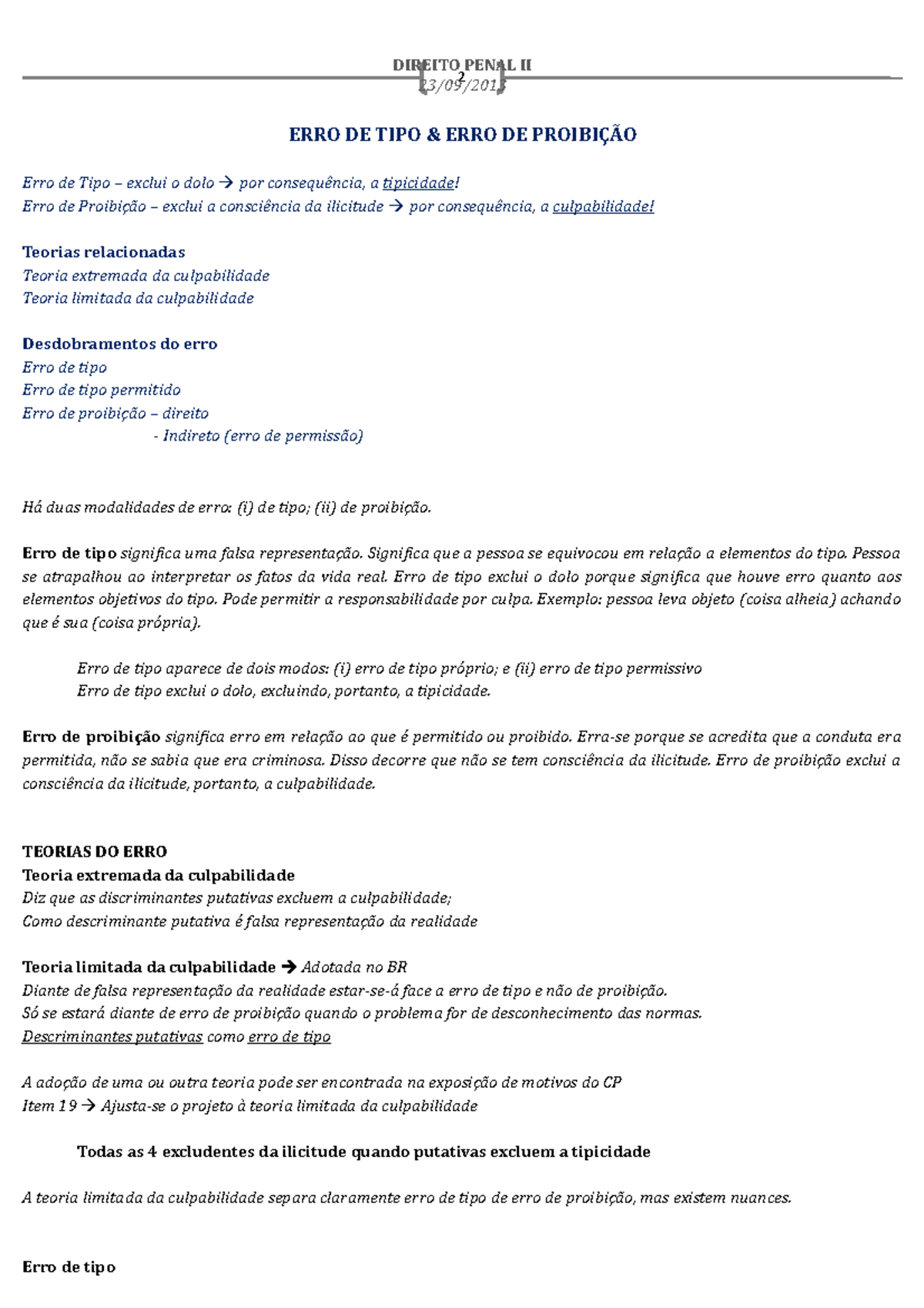1.15. Direito Penal II, Erro de tipo e erro de proibição, excludentes da culpabilidade 2 1.15. Direito Penal II, Erro de tipo e erro de proibição, excludentes da culpabilidade 2