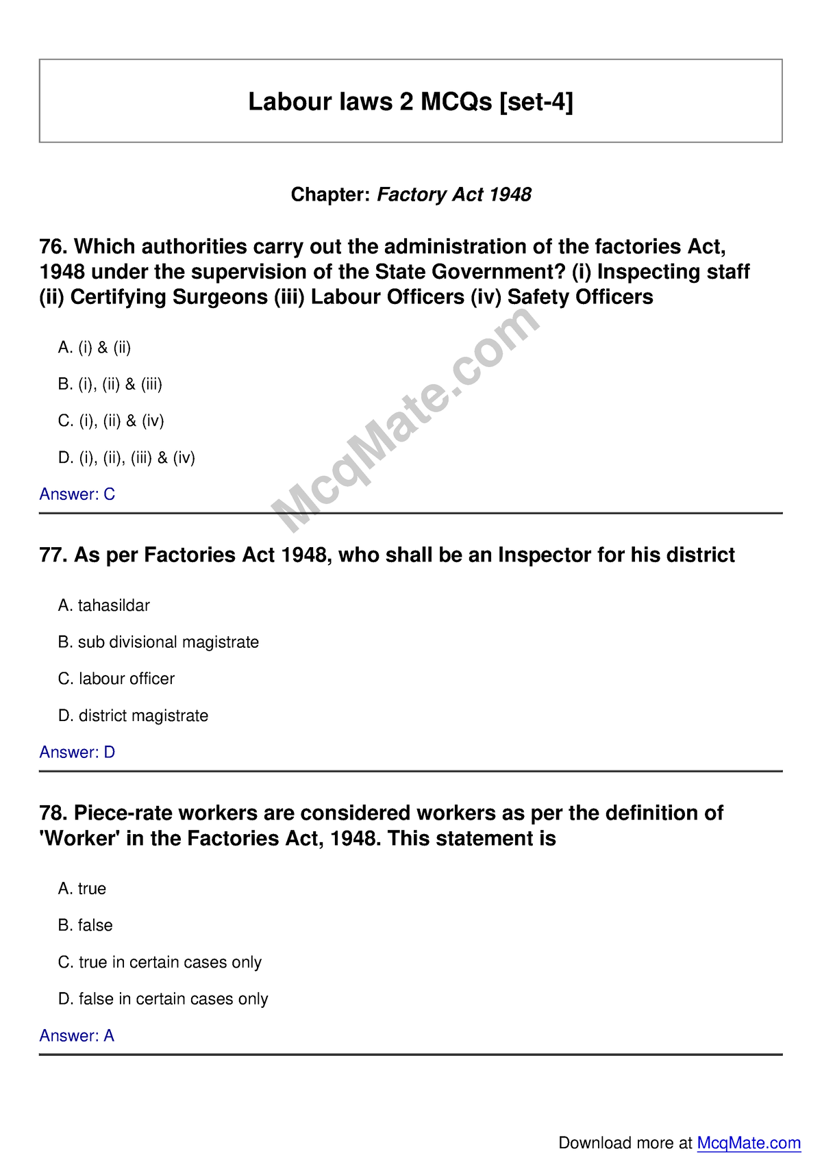 Labour-laws-ii Solved MCQs [set-4] Mcq Mate - Labour Laws 2 MCQs [set-4 ...