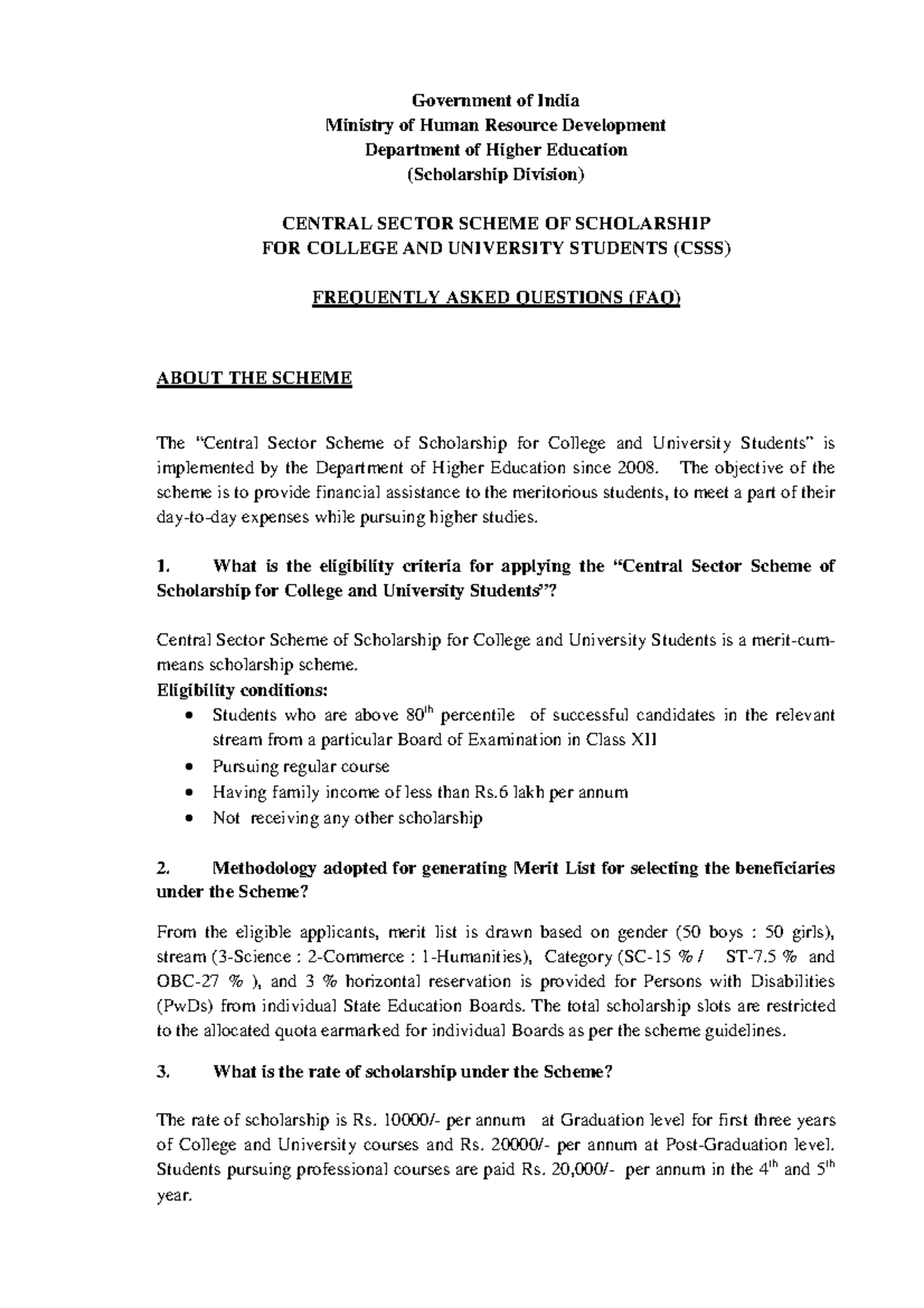 FAQ DOHE dfdsfsd Government of India Ministry of Human Resource