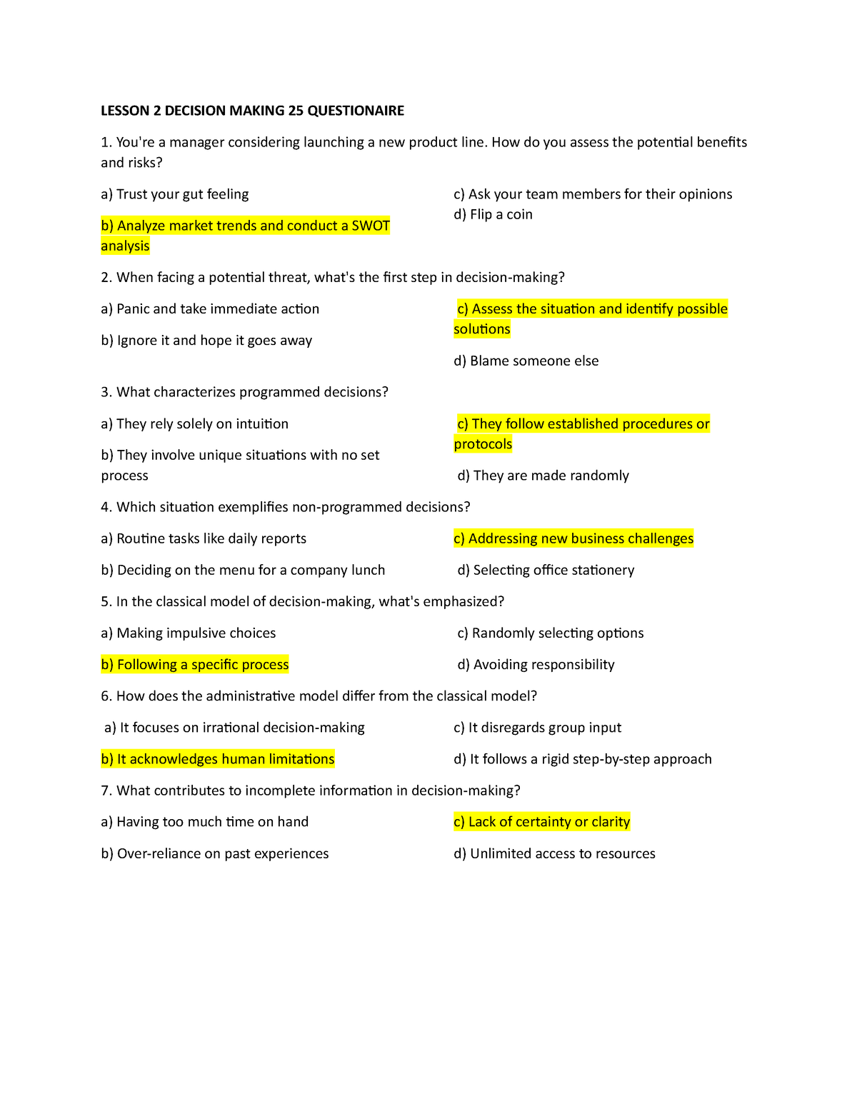 Lesson 2 KEY Answers - None - LESSON 2 DECISION MAKING 25 QUESTIONAIRE ...