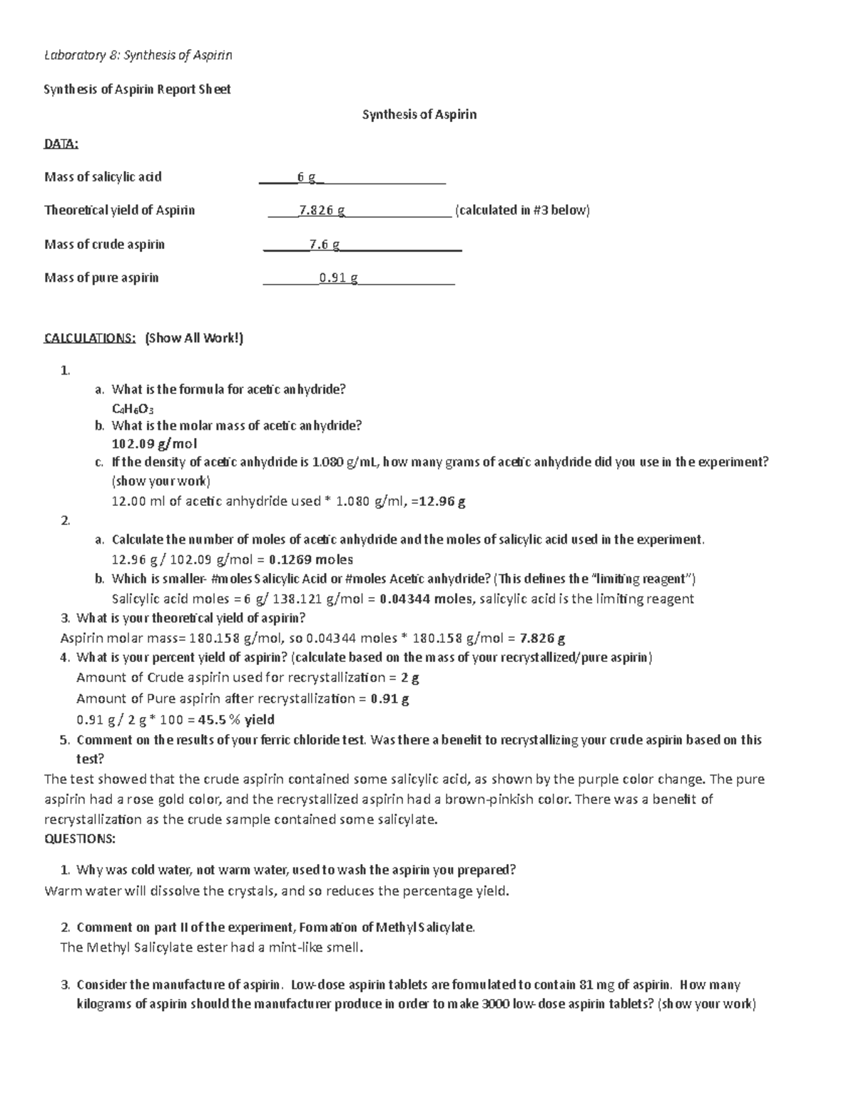 lab report on the synthesis of aspirin