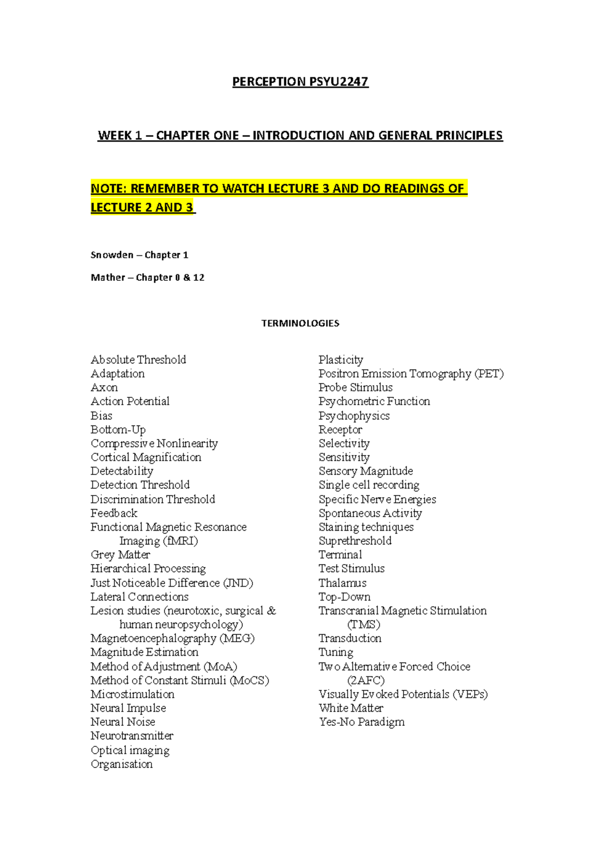 Perception PSYU2247 notes - PERCEPTION PSYU WEEK 1 – CHAPTER ONE ...