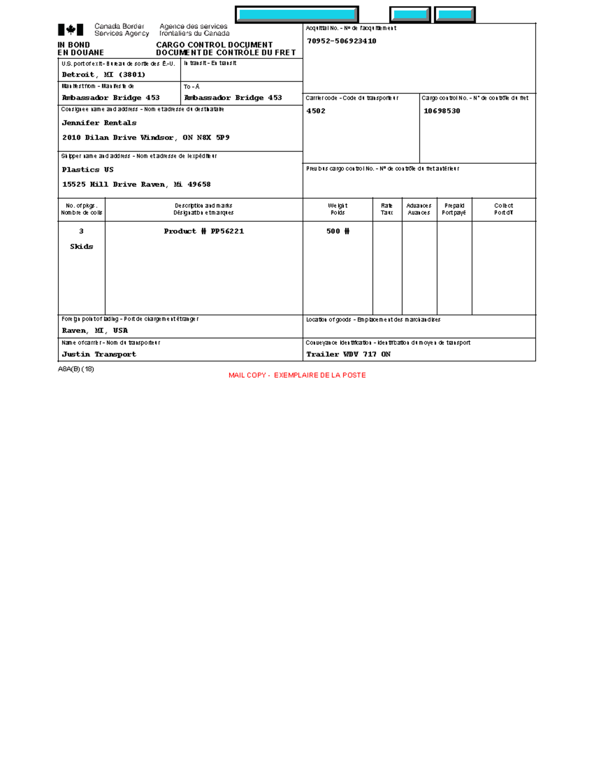 Group assign forms custom documents IN BOND EN DOUANE CARGO CONTROL