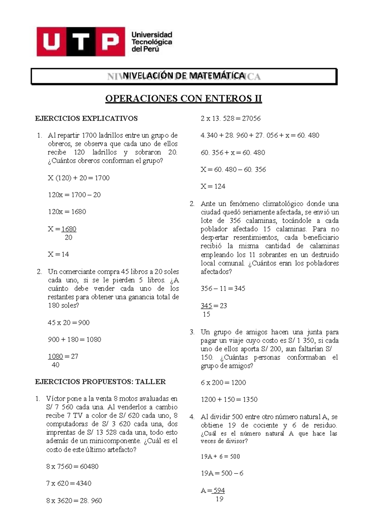 S01 S2 Ejercicios Taller 1 NivelaciÓn De MatemÁtica Operaciones Con