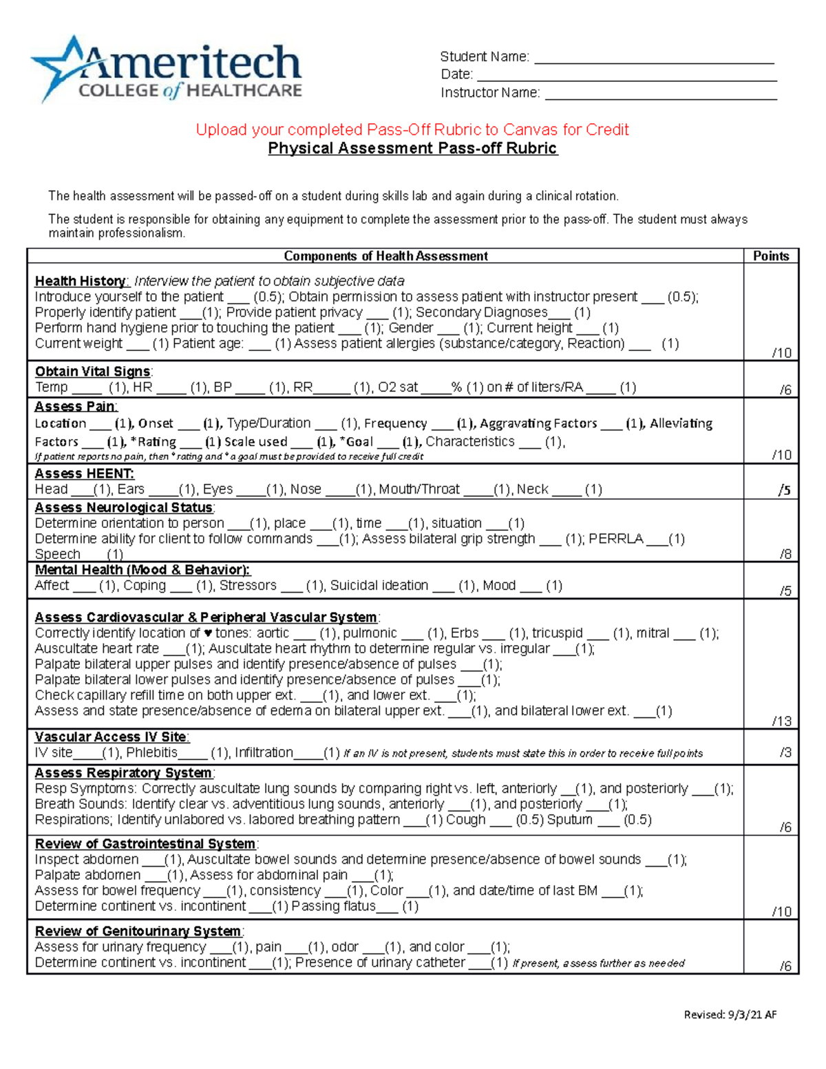 NUR 195 Physical Assessment Pass-Off Rubric - Nurs112 - Joyce ...