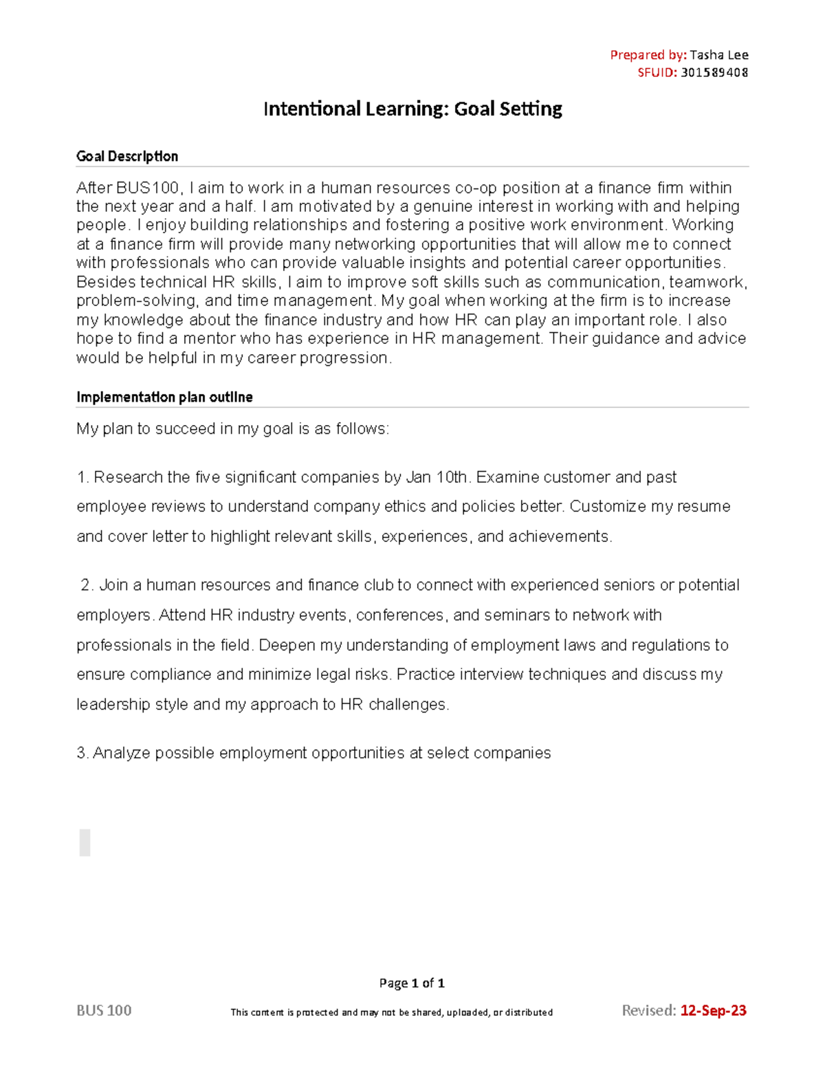 BUS 100 - Goal Setting 1 - lrjnerj - Prepared by: Tasha Lee SFUID ...