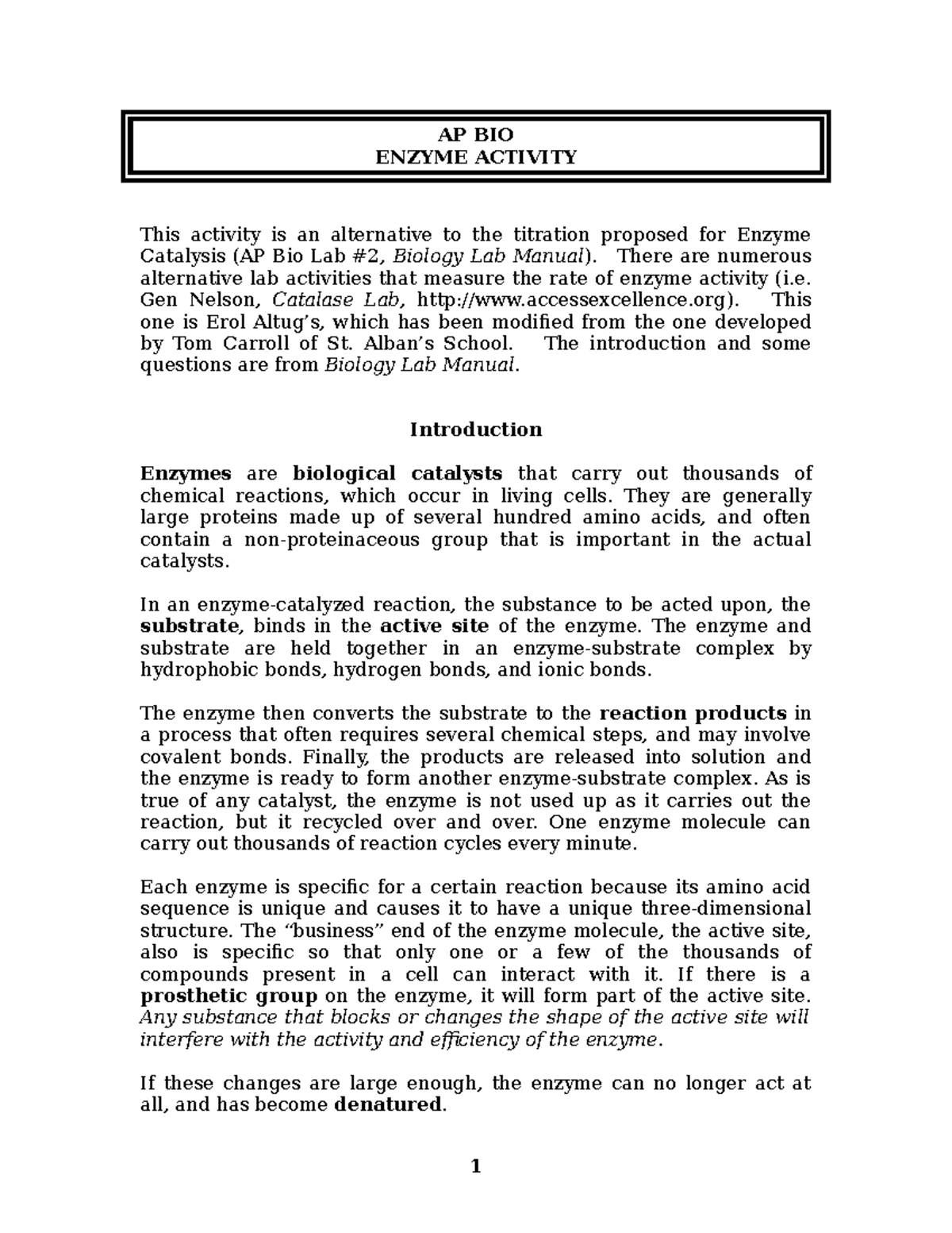 Ap bio enzyme Catalase Lab AP AP BIO ENZYME ACTIVITY This activity is