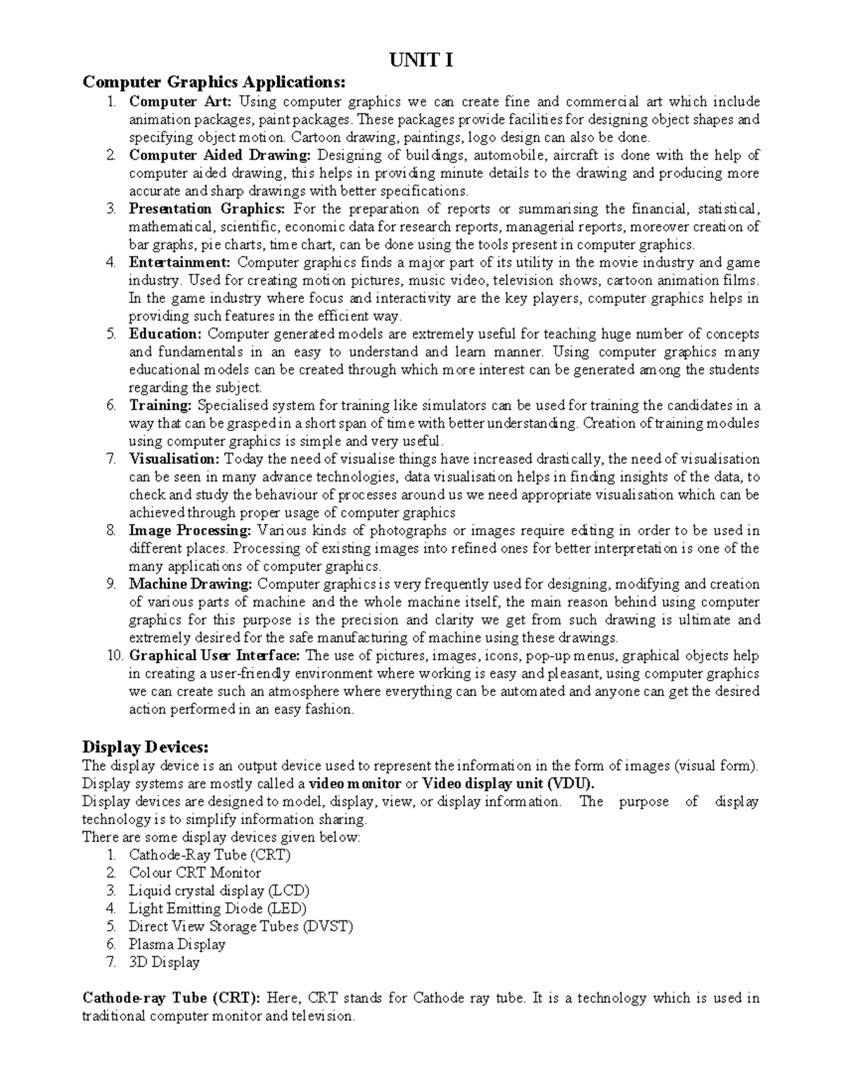 Computer Graphics and Animation - UNIT I Computer Graphics Applications ...