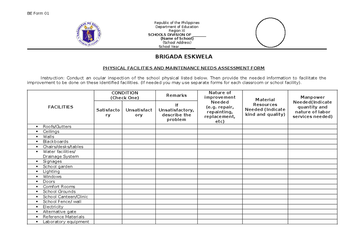 BE Form 1 Physical Facilities AND Maintenance Needs Assessment FORM 1 ...