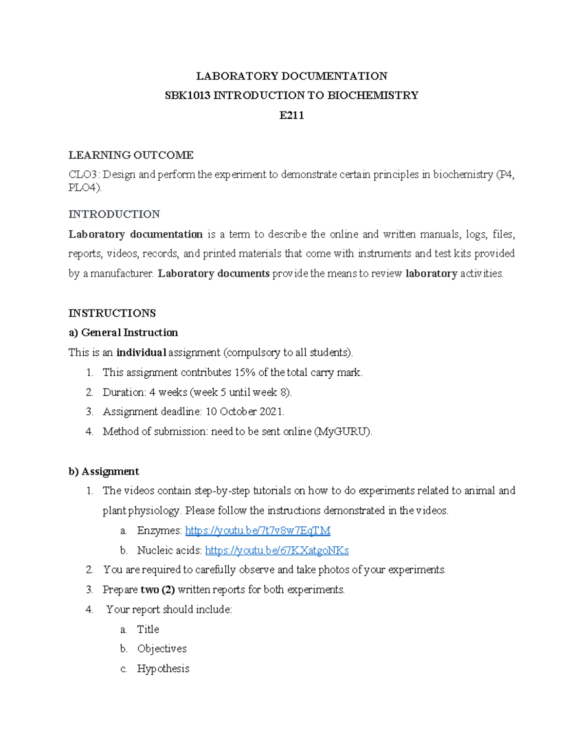 SBK1013 LAB Report - LABORATORY DOCUMENTATION SBK 1013 INTRODUCTION TO ...