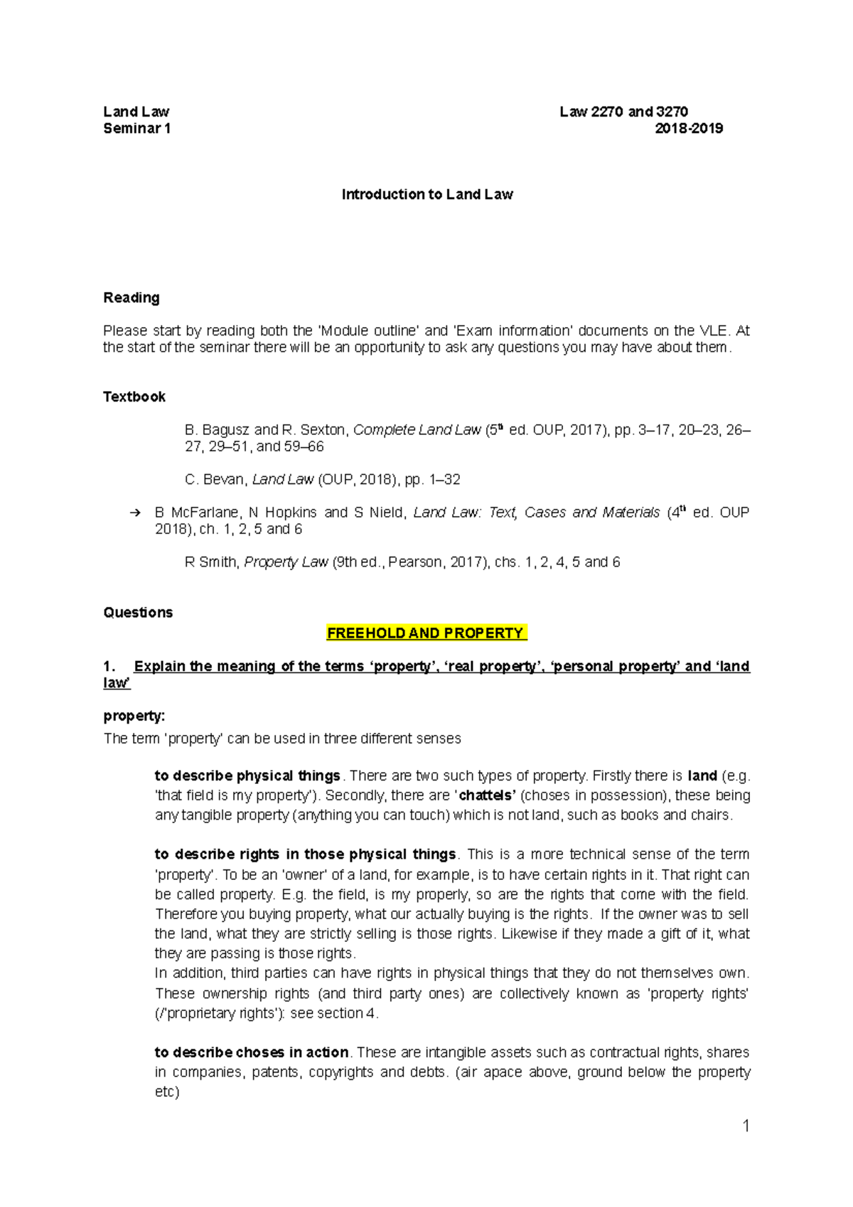 Seminar 1 - into to land law - Land Law Law 2270 and 3 270 Seminar 1 ...