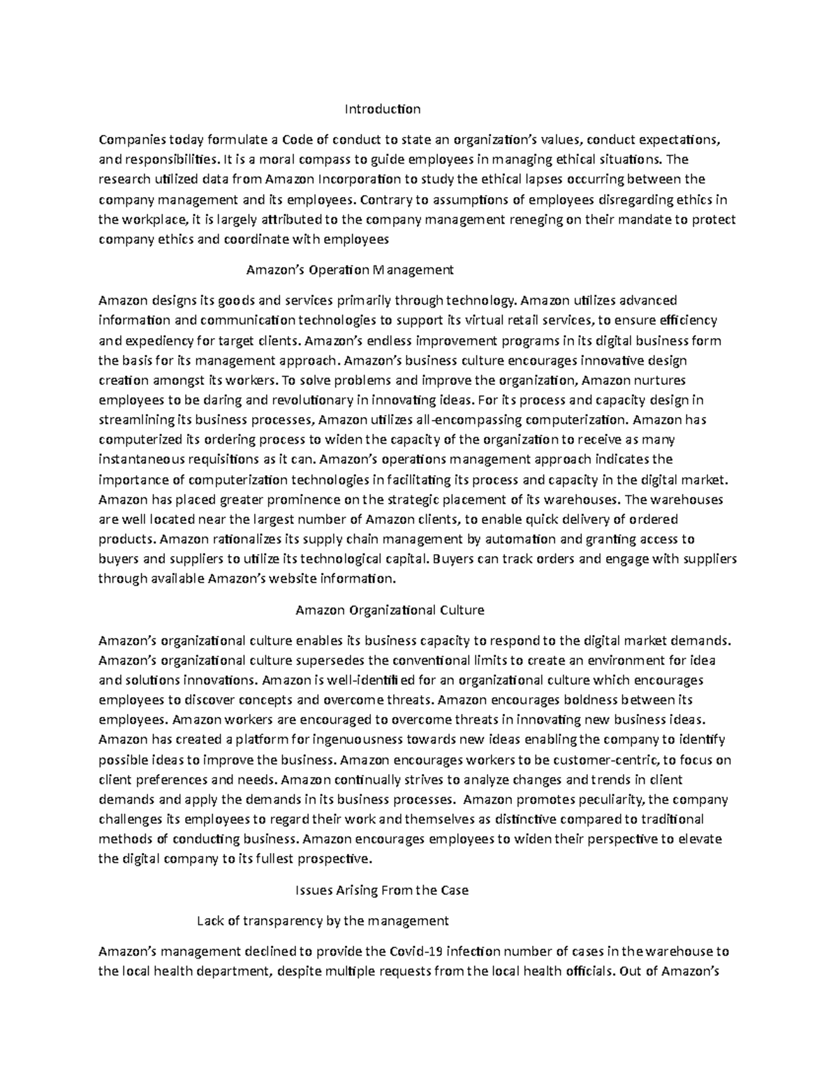 Amazon - Grade: B - Introduction Companies today formulate a Code of ...