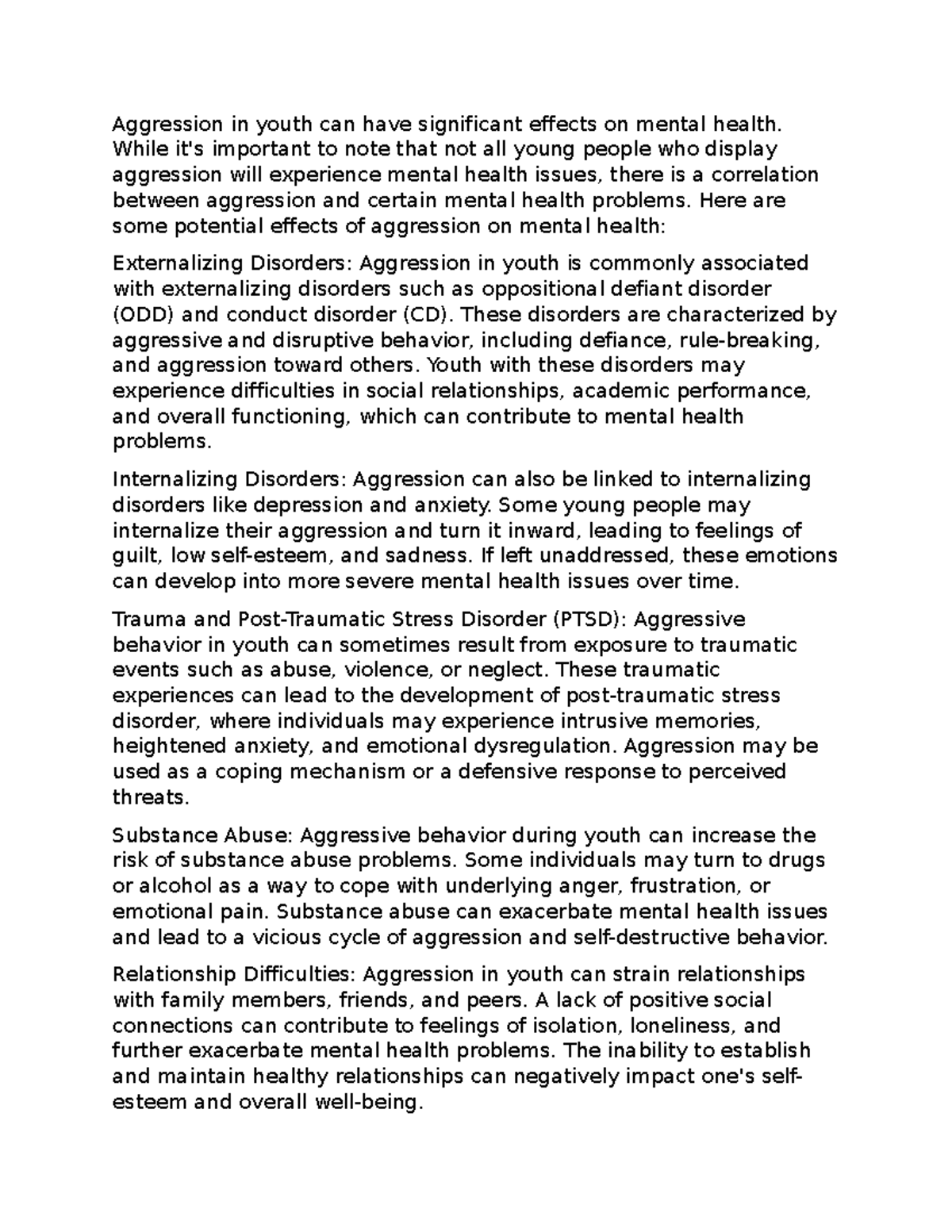 Aggression in youth - Assignment - Aggression in youth can have ...