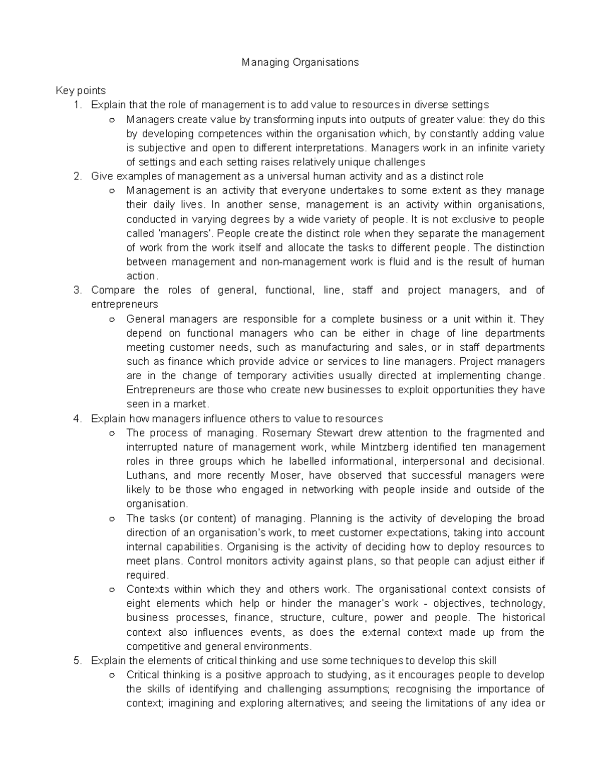 Chapter 1 - Managing Organisations Summary - Managing Organisations Key ...