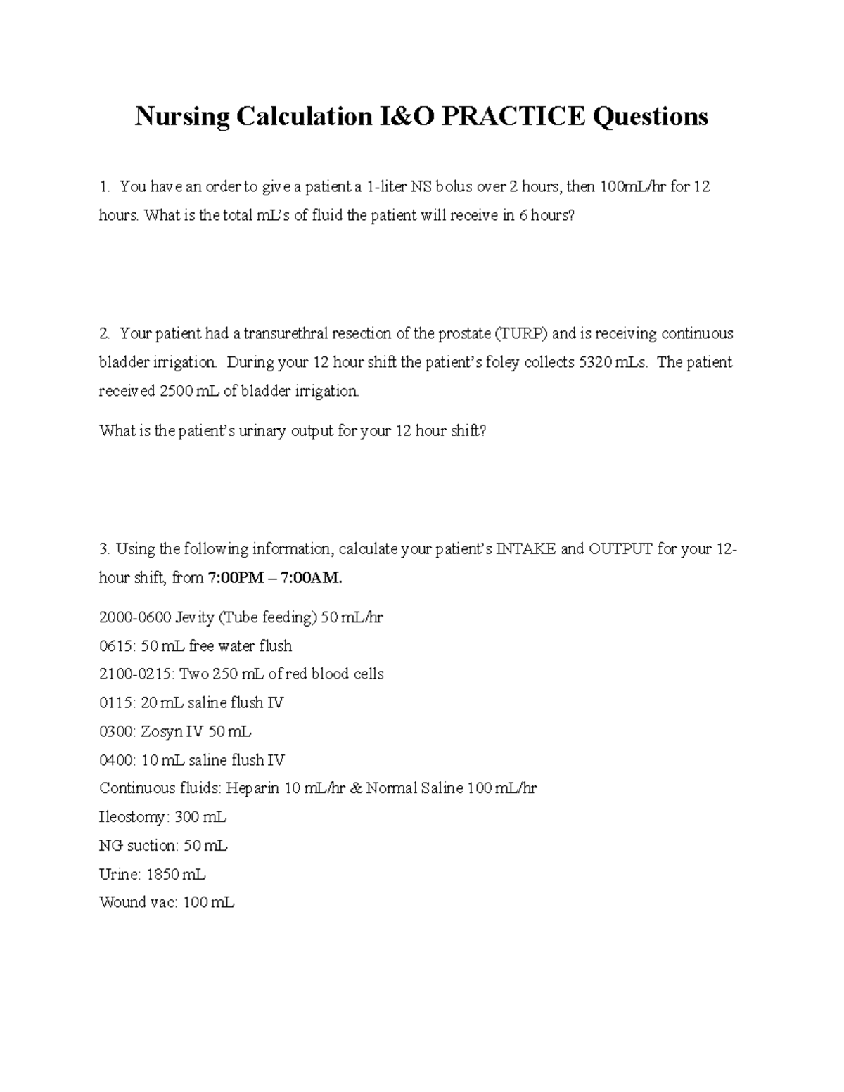 Nursing Calculations - Practice Material - Nursing Calculation I&O ...