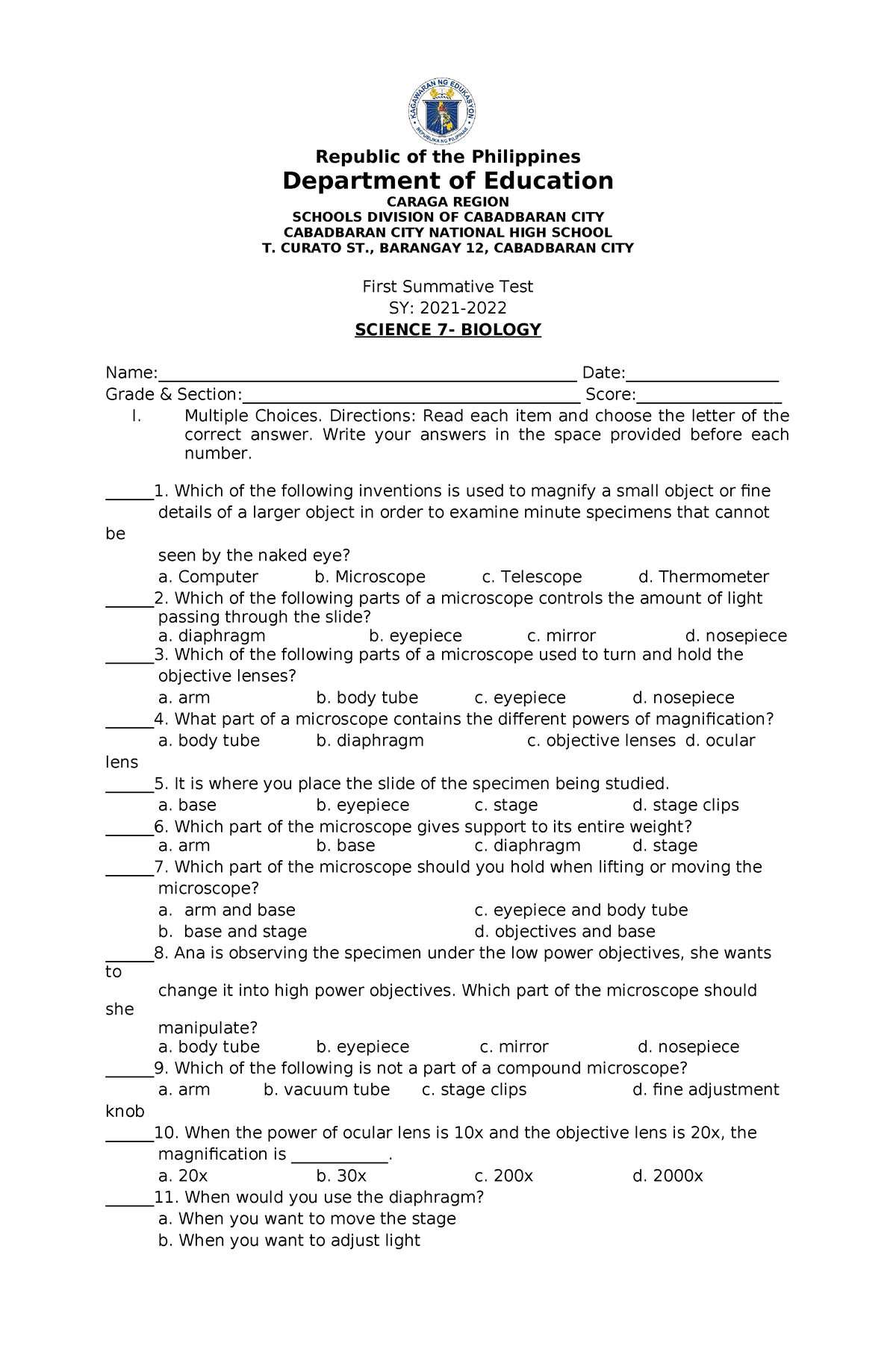 TQ-1ST Assessment- Grade-7- Quarter 2 - Republic of the Philippines ...