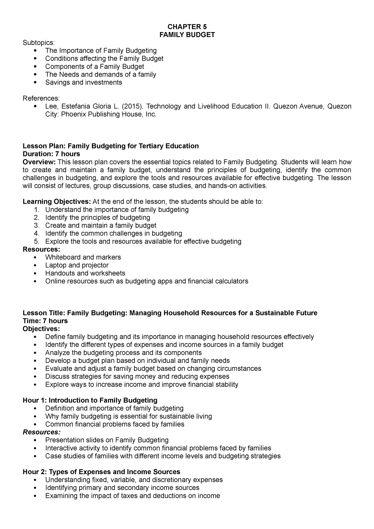 Chapter 5 Family Budget - CHAPTER 5 FAMILY BUDGET Subtopics: The ...