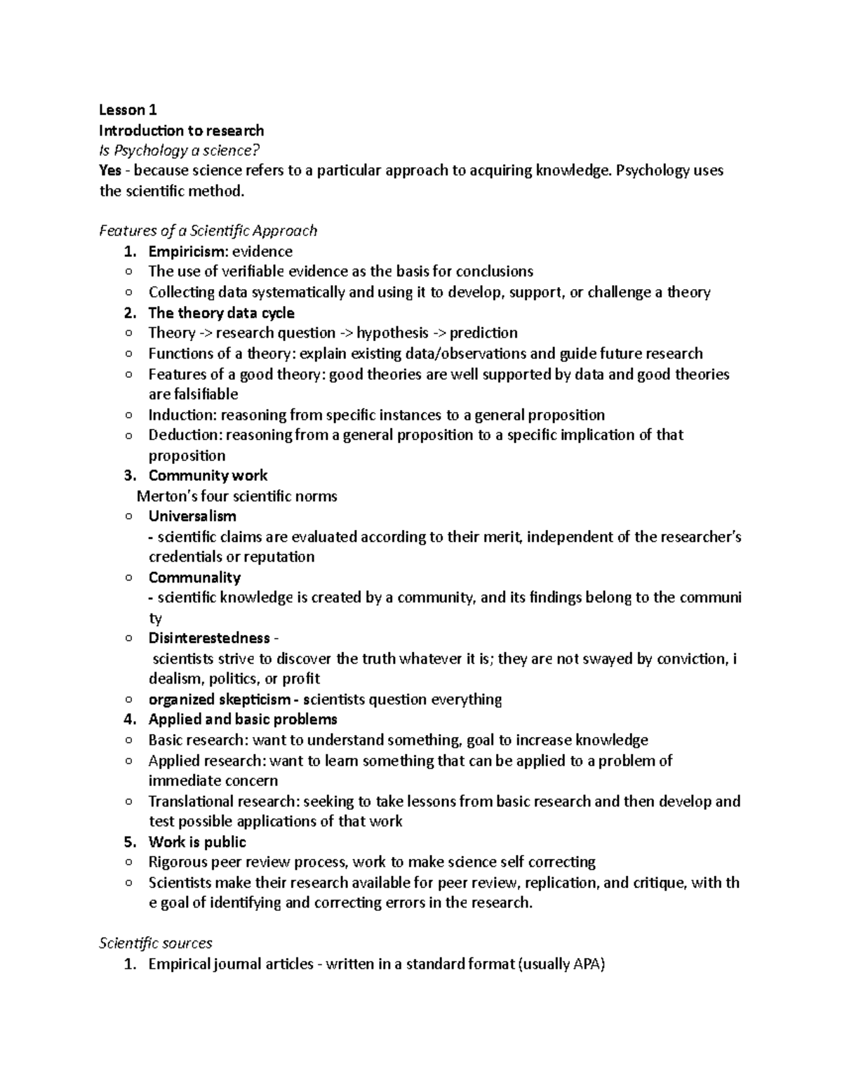 Intro to research methods lesson one notes - PS295 - WLU - Studocu