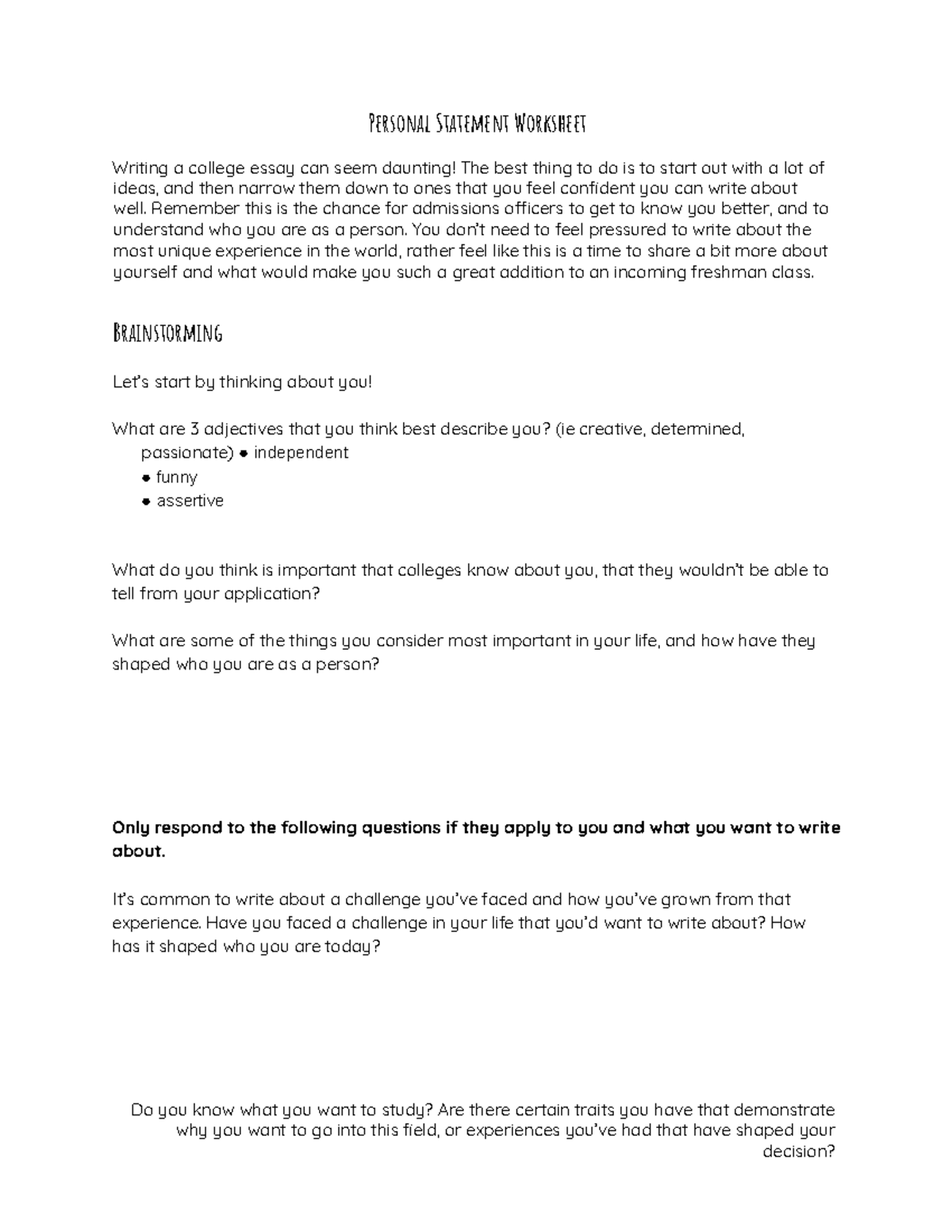 Kyle Personal Statement worksheet - Personal Statement Worksheet ...
