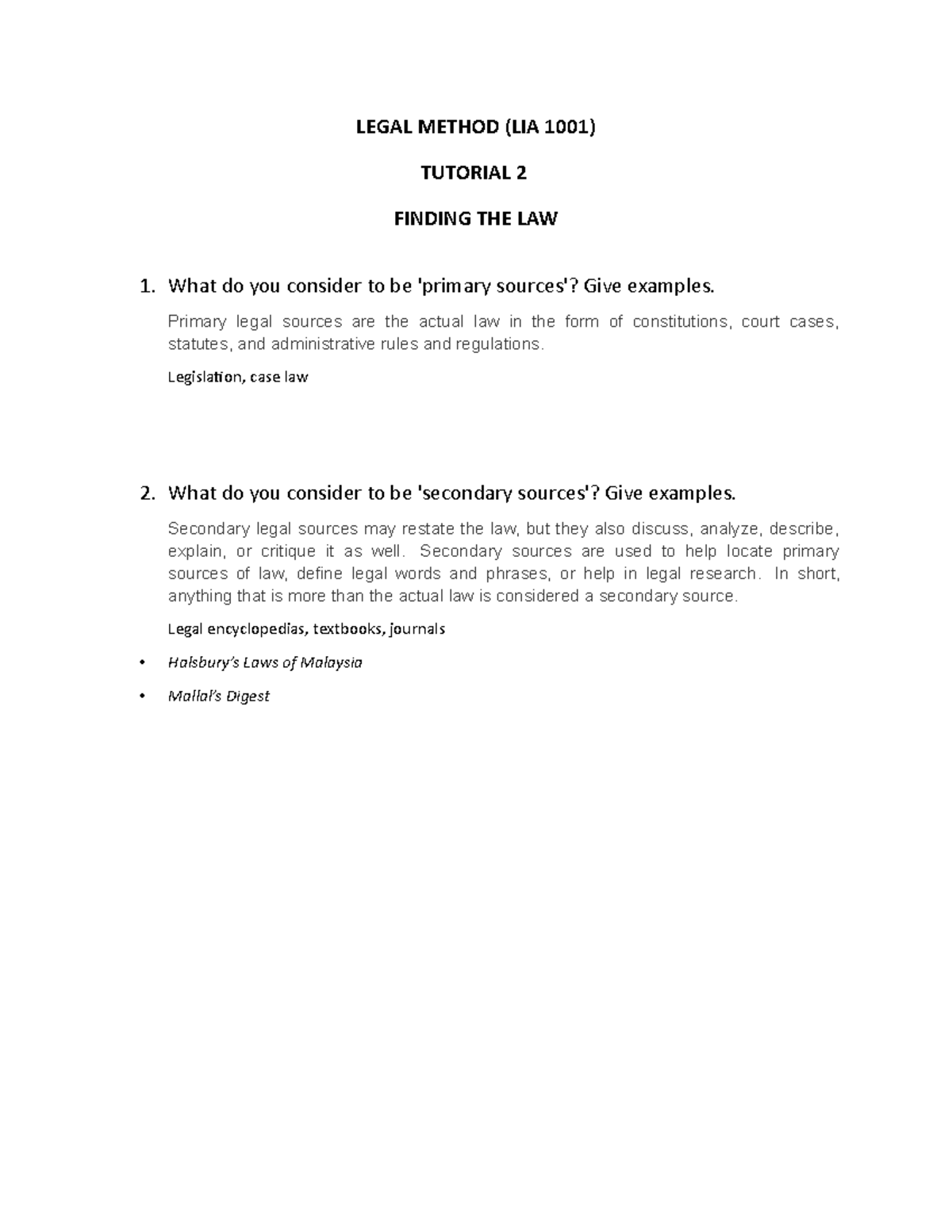 Tutorial 2 Sources For Legal Research Legal Method Lia 1001 Tutorial 2 Finding The Law What Tutorial 2 Sources For Legal Research Legal Method Lia 1001 Tutorial 2 Finding The Law What
