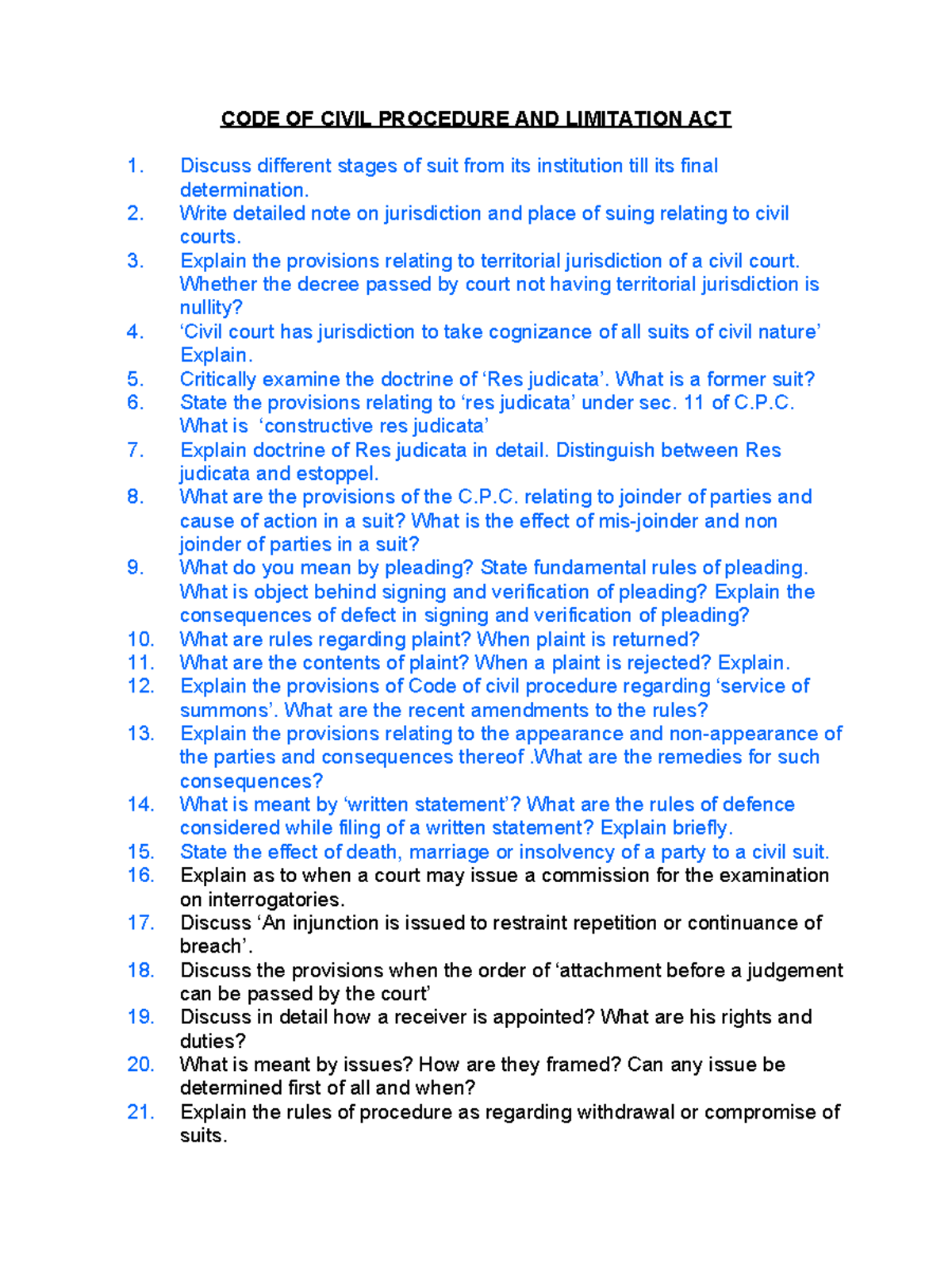 CPC Q-BANK - Question Bank - CODE OF CIVIL PROCEDURE AND LIMITATION ACT ...