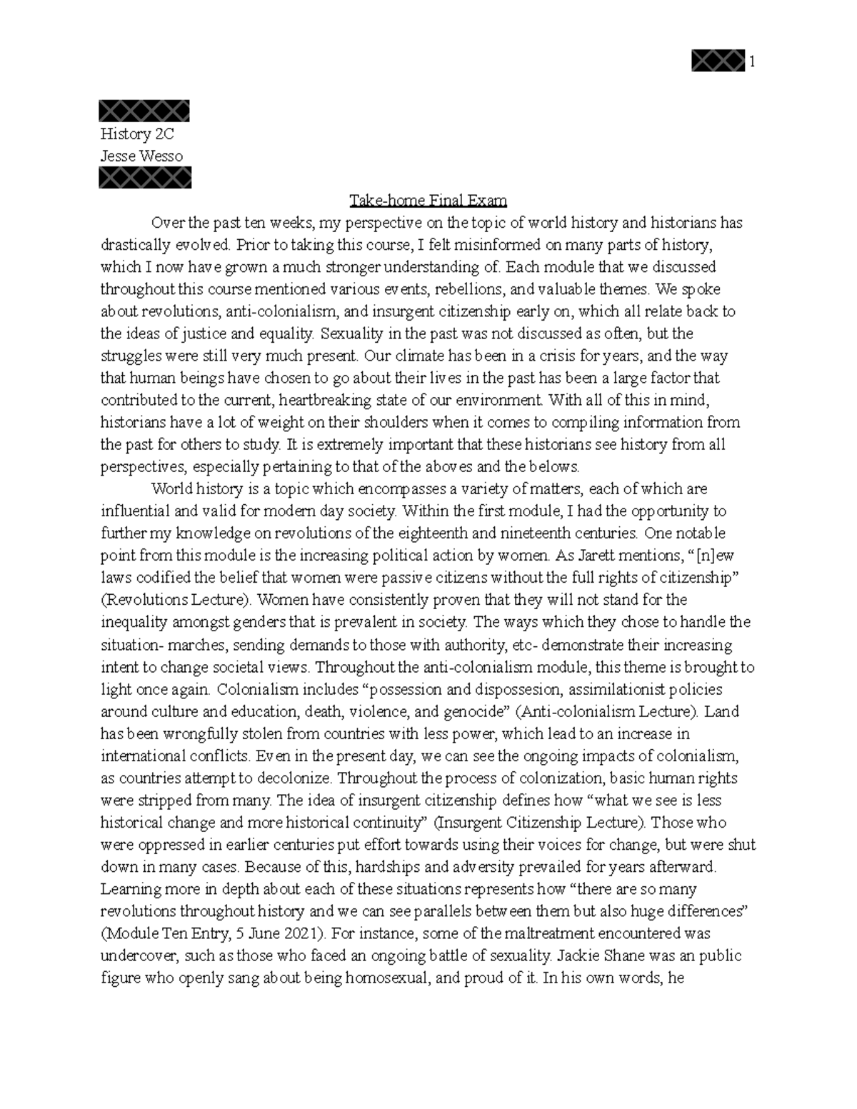 HIST 2C Final Essay Example - History 2C Jesse Wesso Take-home Final ...