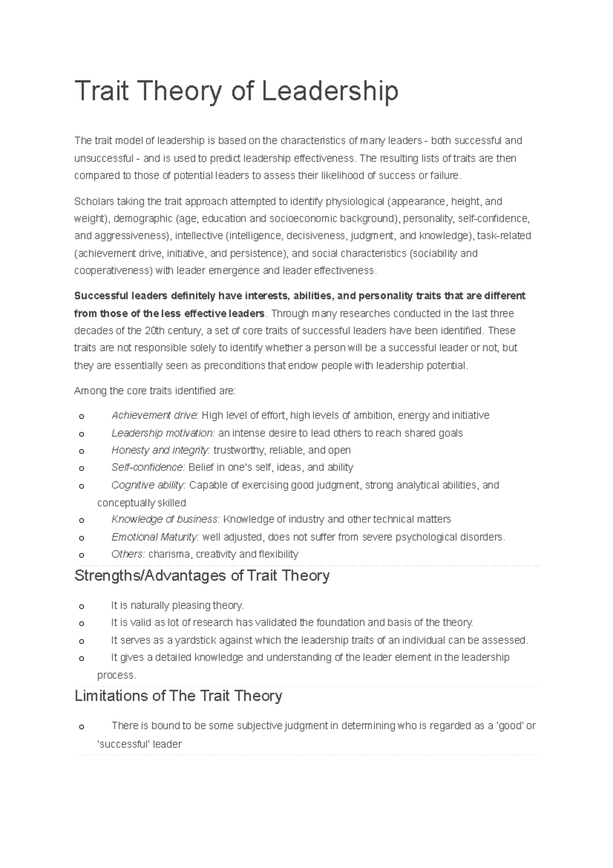 research paper trait theory of leadership