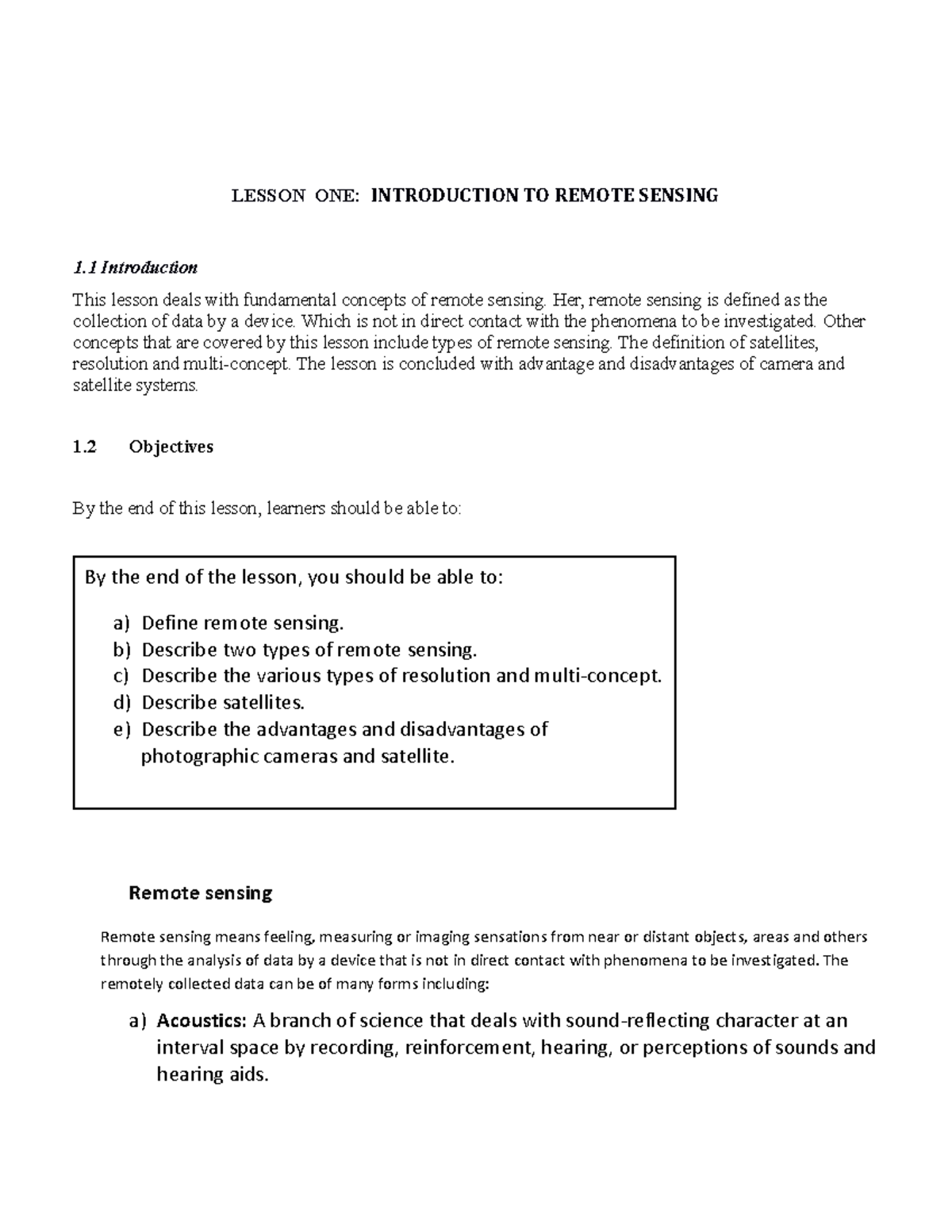 GGY 401 Lesson 1 - notes - LESSON ONE: INTRODUCTION TO REMOTE SENSING 1 ...