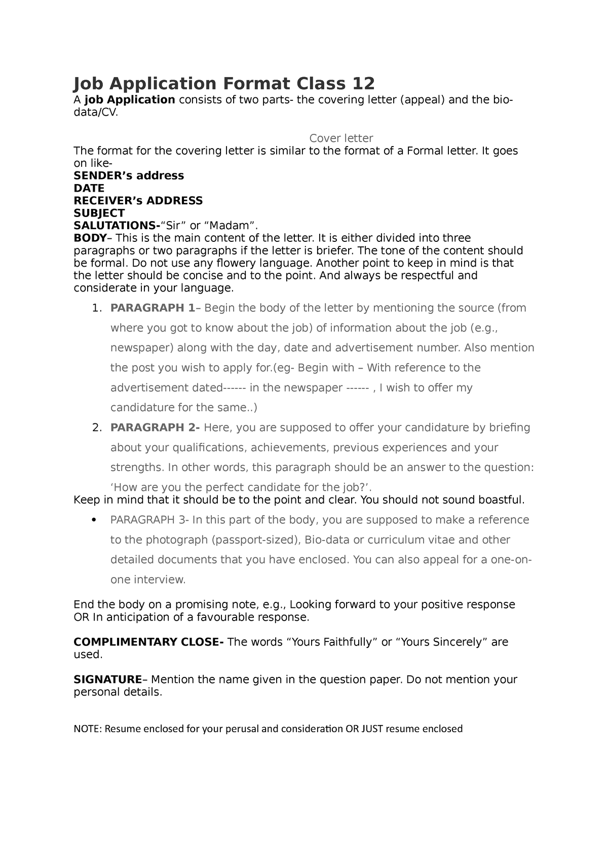 Job Application Format Class 12 Cover Letter The Format For The 