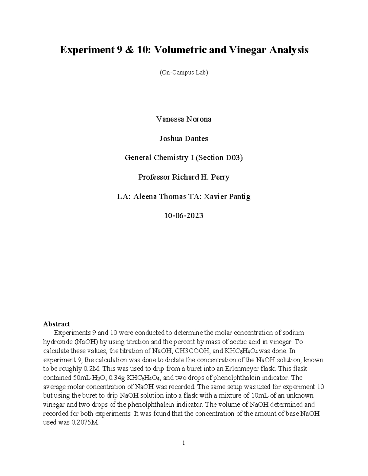 EXP 9 & 10 Formal Lab Report - Experiment 9 & 10: Volumetric and ...