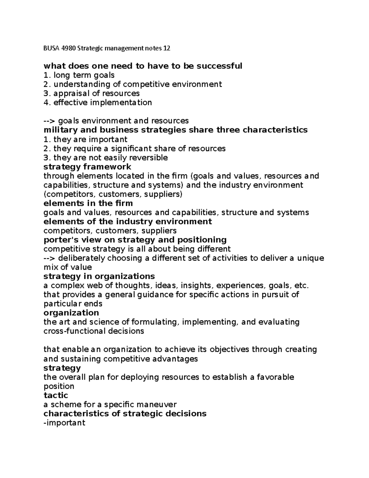 BUSA 4980 Strategic management notes 12 - BUSA 4980 Strategic ...