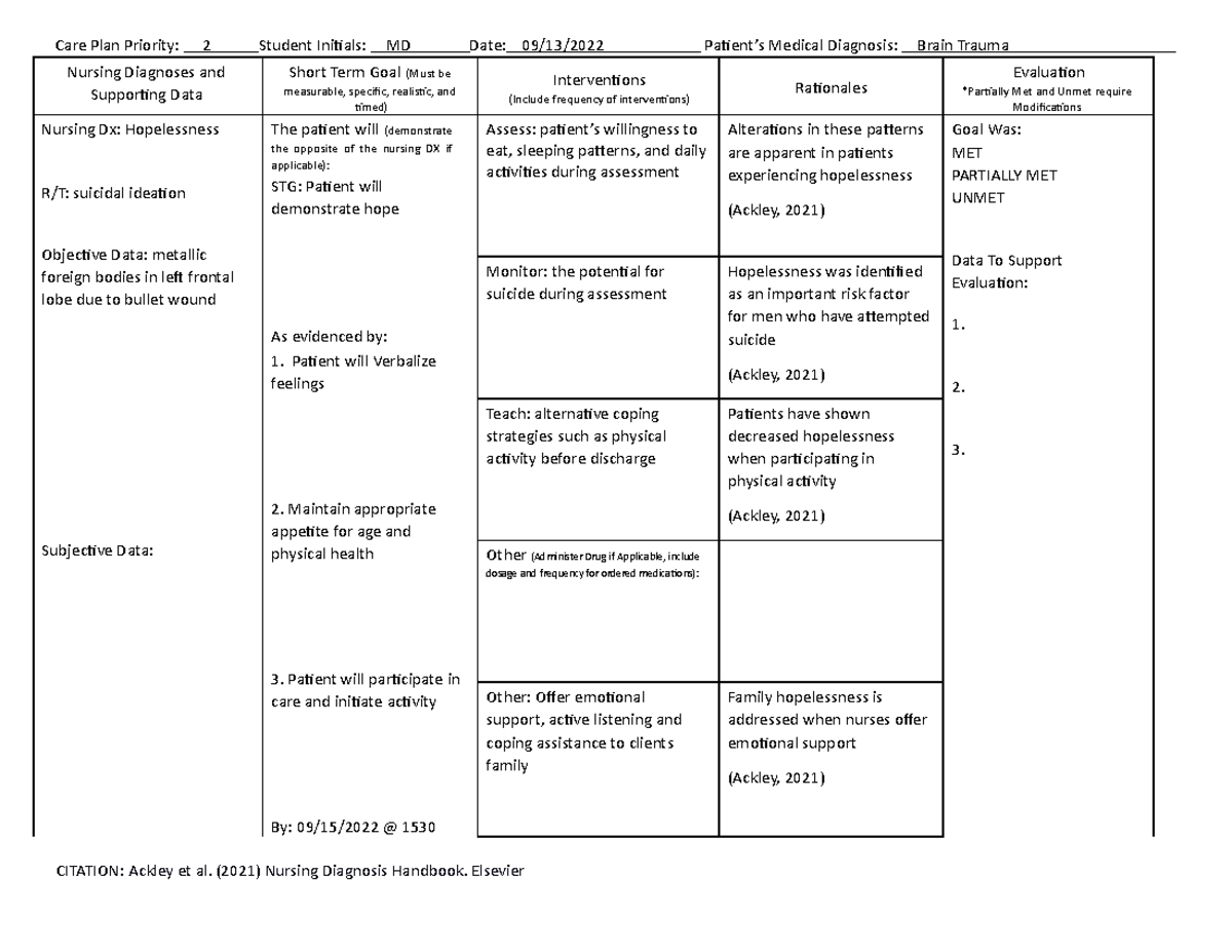 Hopelessness care plan - Care Plan Priority: 2 Student Initials: MD ...