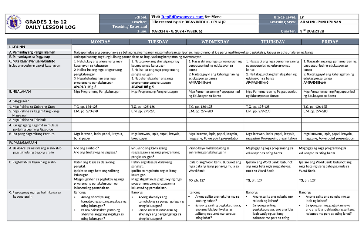 DLL Araling Panlipunan 4 Q3 W6 - GRADES 1 to 12 DAILY LESSON LOG School ...