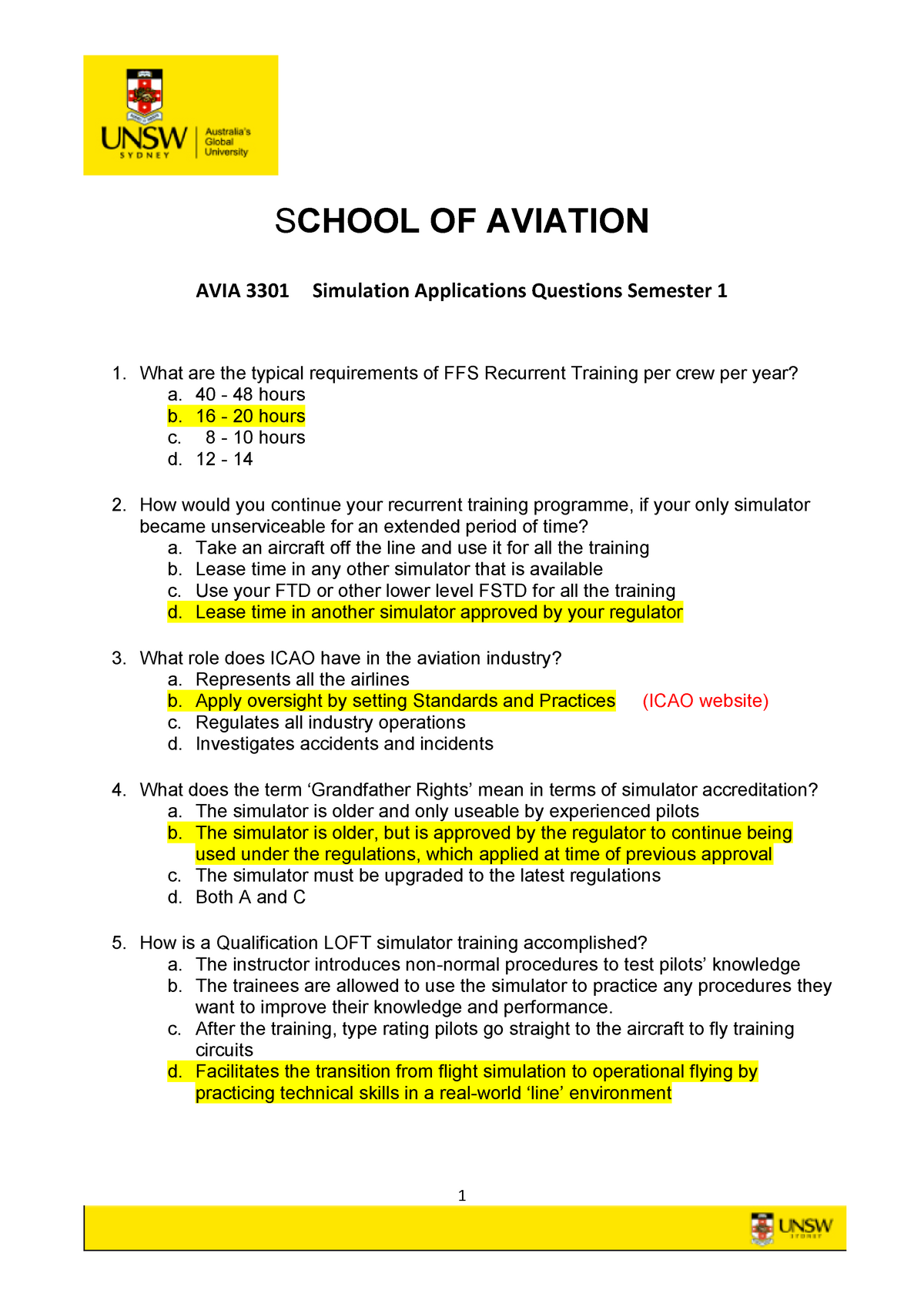 Avia3301 Practice Questions With Answers - 1 S Chool Of Aviation Avia 3301  Simulation Applications - Studocu