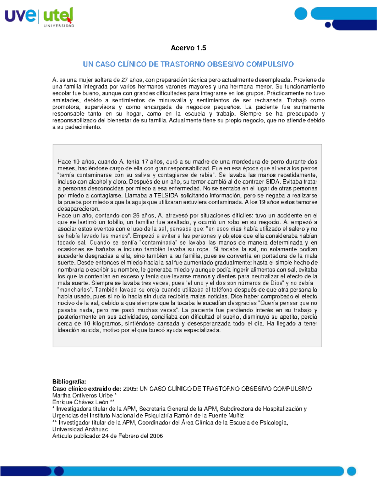 Caso clínico de trastorno obsesivo compulsivo