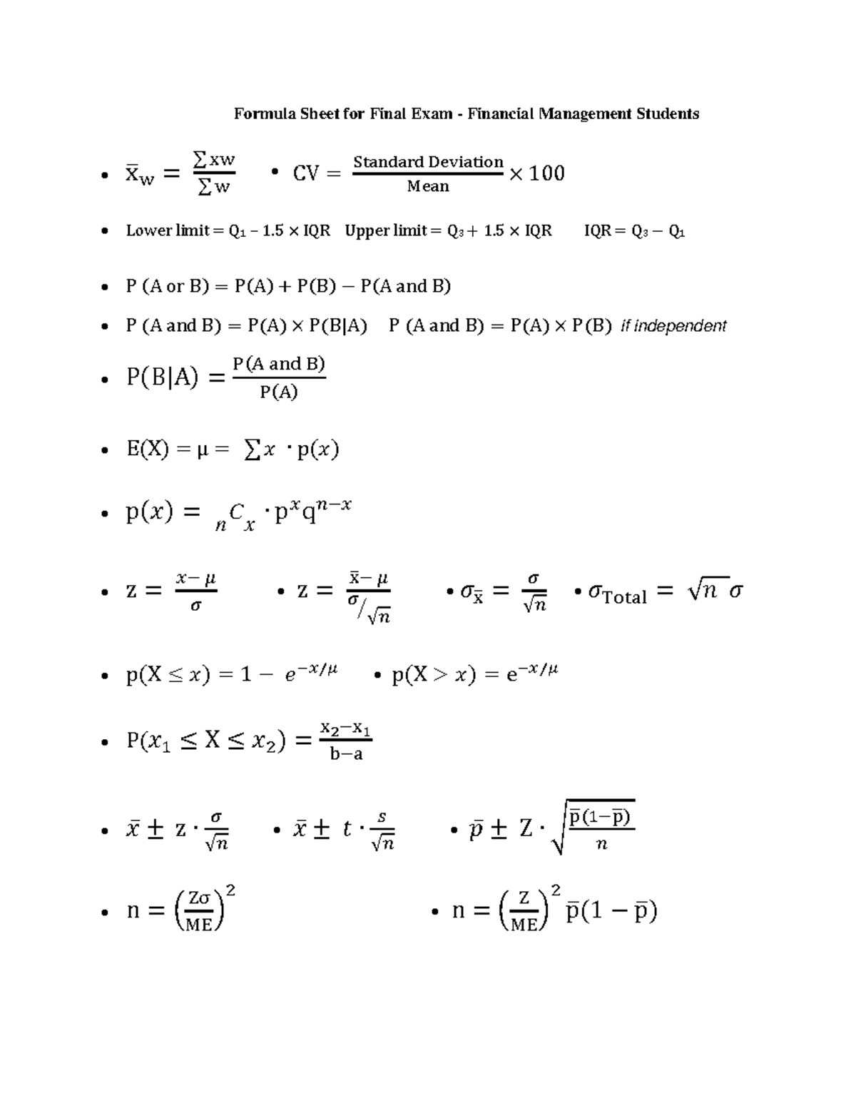 1197 Formulas and tables for Final Exam 2018 - Formula Sheet for Final ...