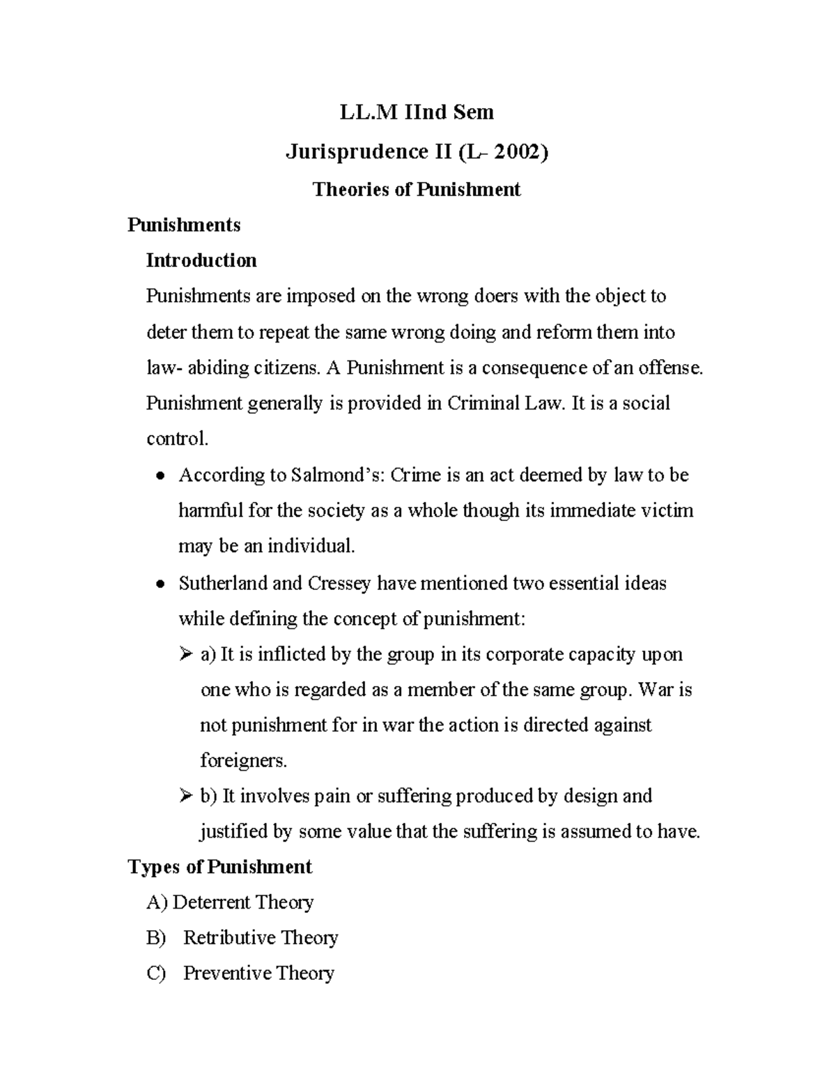 LLM II SEM Jurisprudence II L 2002 Lecture on Theories of punishment ...