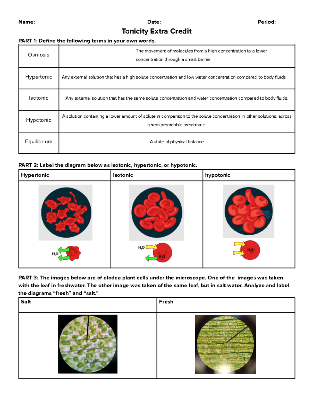 Copy of Extra Credit Tonicity - Name: Date: Period: Tonicity Extra ...