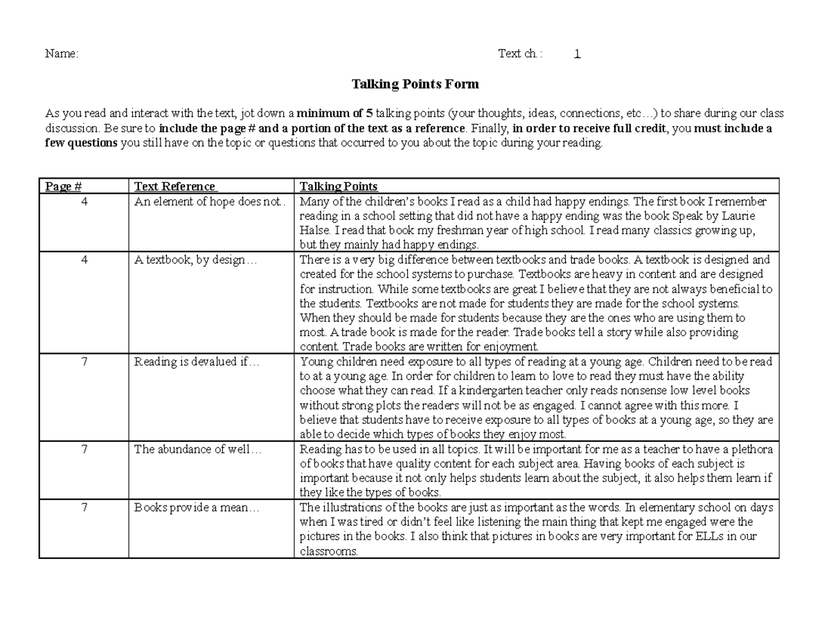 Talking Points 1 - Name: Text ch.: 1 Talking Points Form As you read ...
