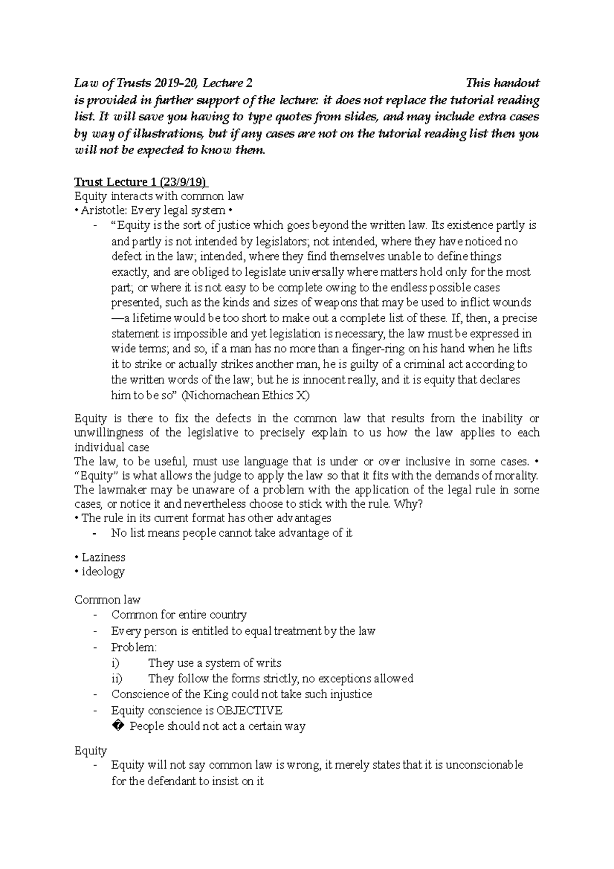 Equitable Remedies 1 - Handout - Law of Trusts 2019-20, Lecture 2 This ...