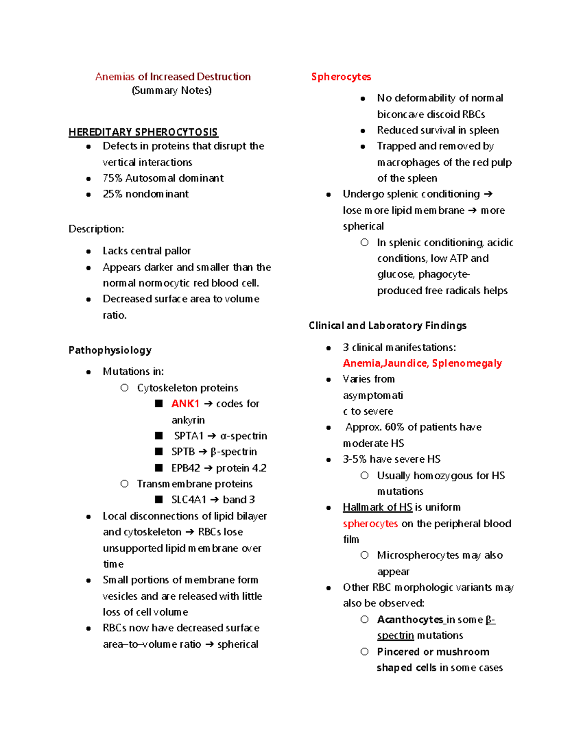 HEMATOLOGY 2 SUMMARY NOTES - Anemias of Increased Destruction (Summary ...