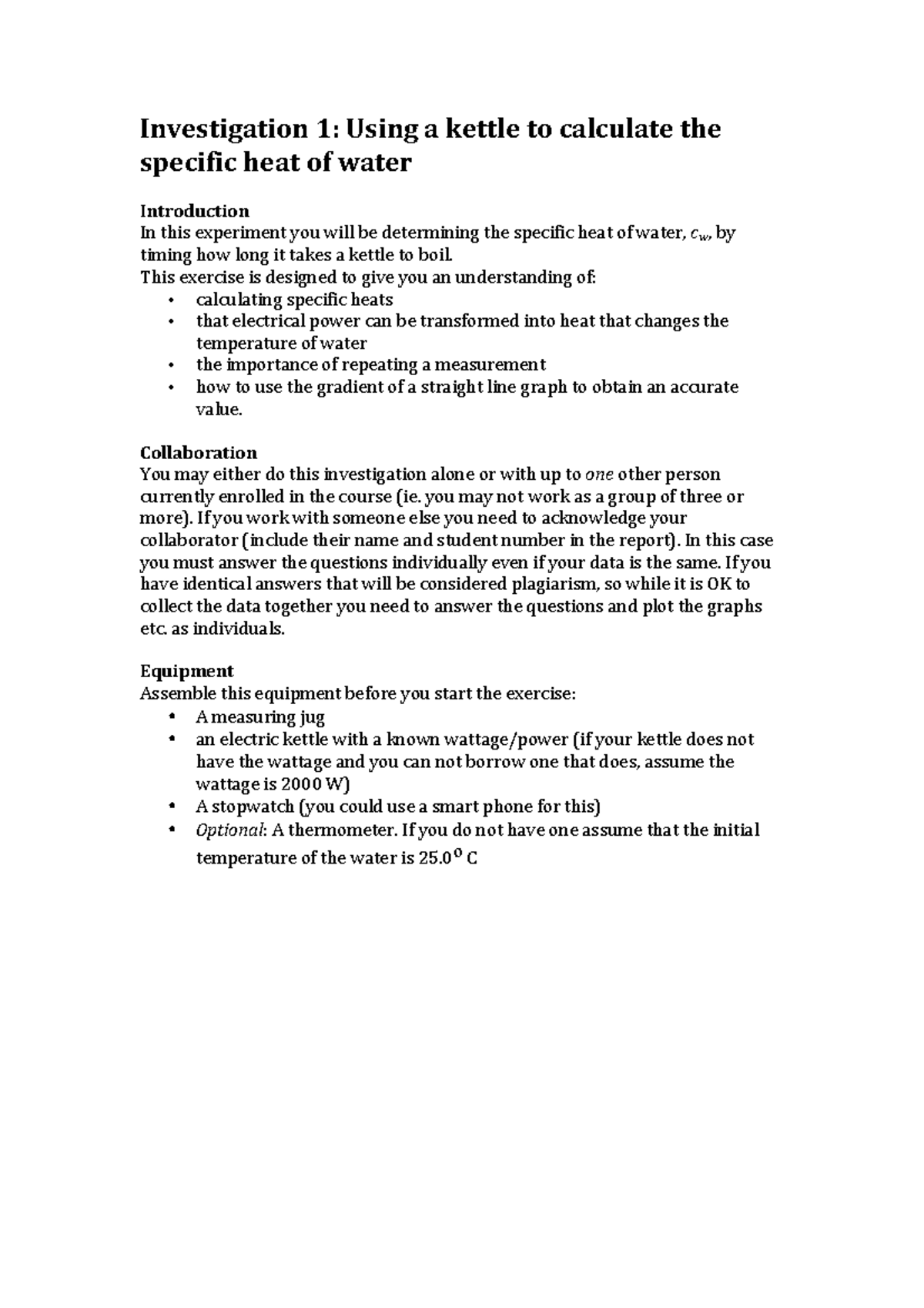 Investigation 1 T2 2017 - Investigation 1: Using a kettle to calculate ...
