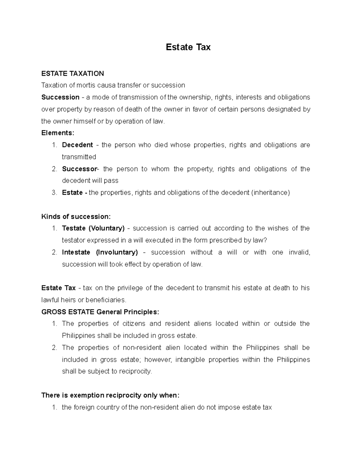 Estate Tax Estate Tax ESTATE TAXATION Taxation of mortis causa