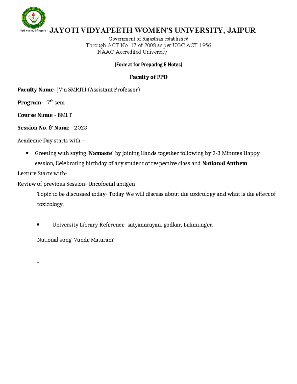 Toxicology Biochemistry BMLT 7th SEM - JAYOTI VIDYAPEETH WOMEN'S ...
