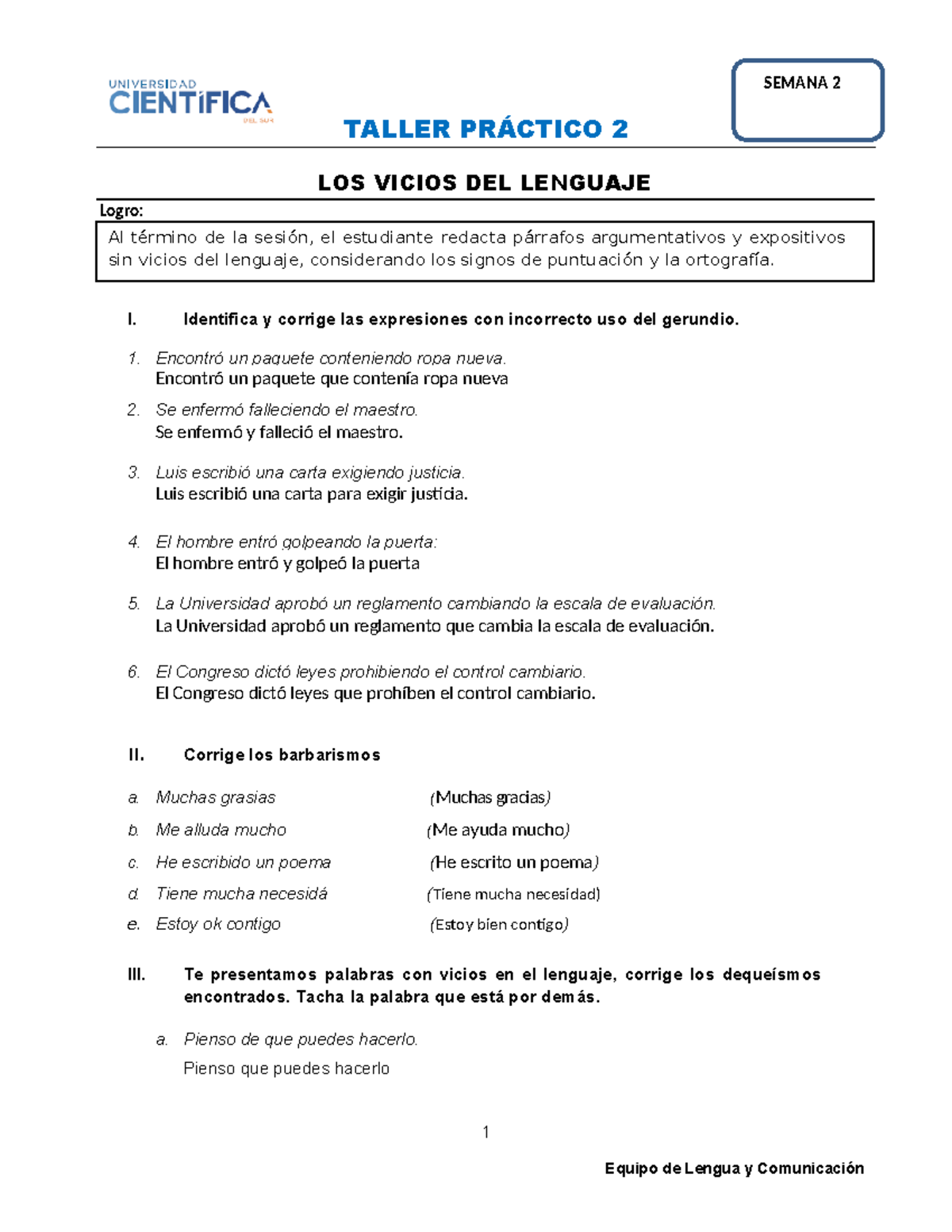 Taller n°2 -Vicios del lenguaje - SEMANA 2 TALLER PRÁCTICO 2 1 Logro ...