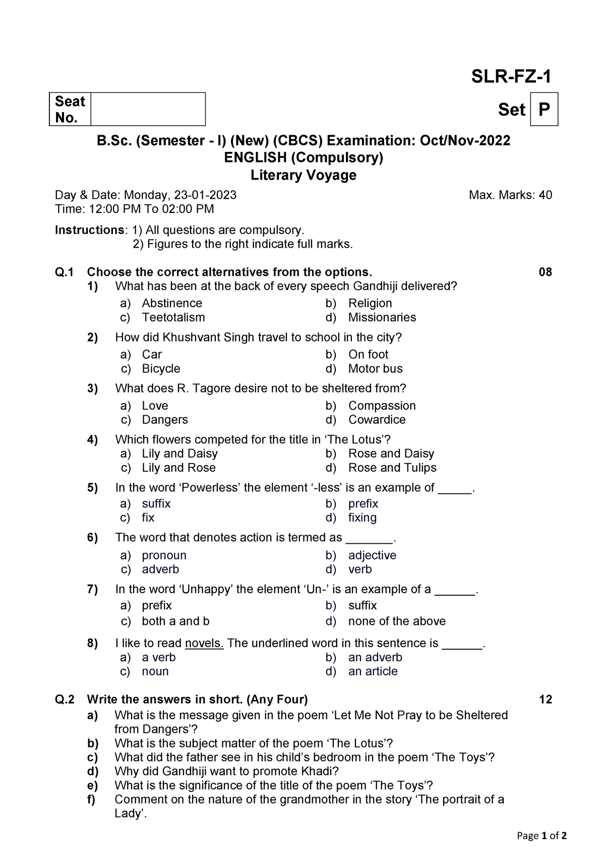 Bsc Question Paper 1 - Fffas - Seat No. Set P B. (Semester - I) (New ...