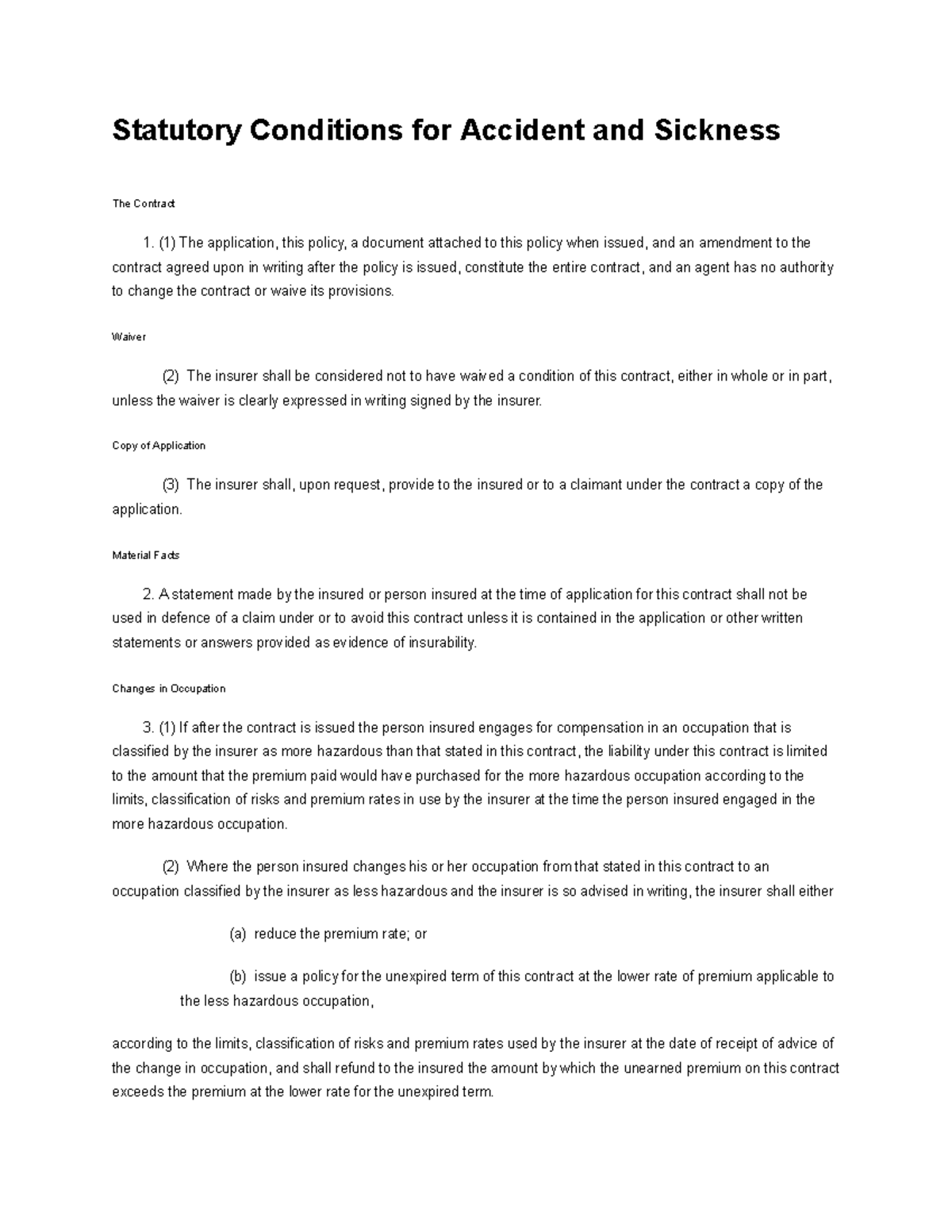 Accident and Sickness - Statutory Conditions - Statutory Conditions for ...