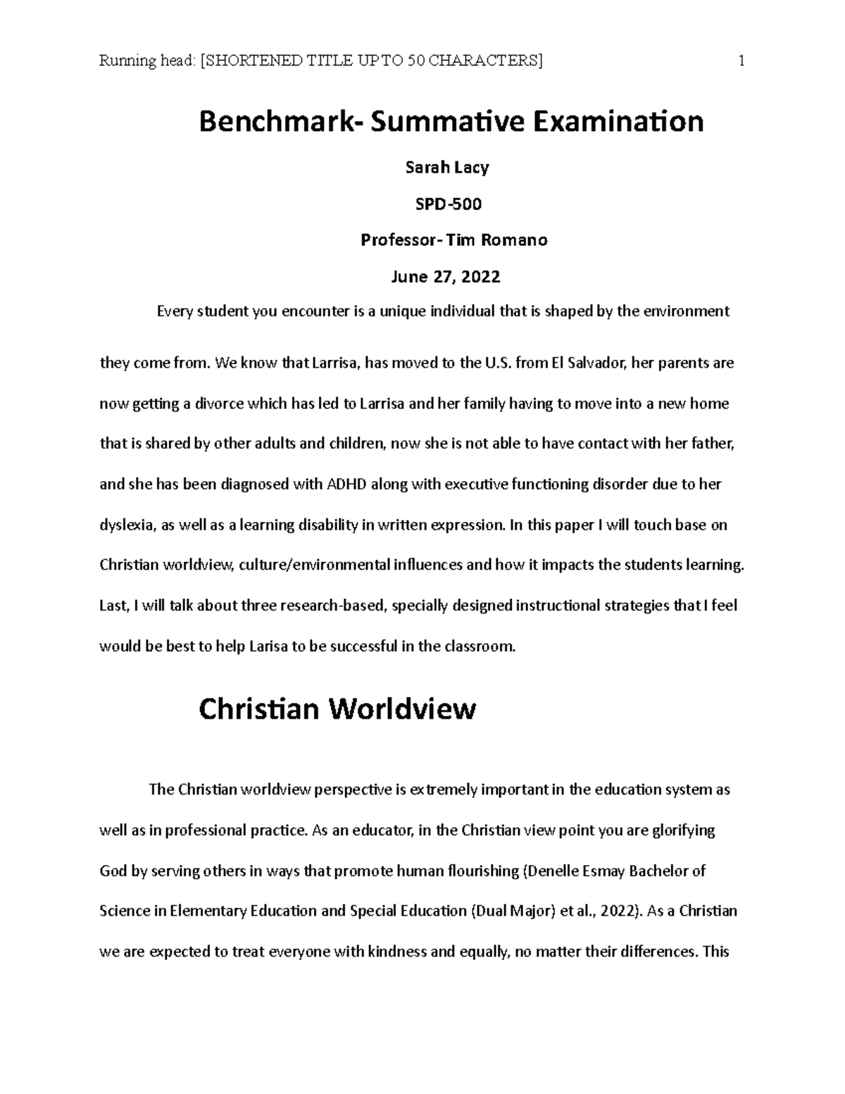 Benchmark-SPD 500 - Week 6 Benchmark assignment (final) - Running head ...
